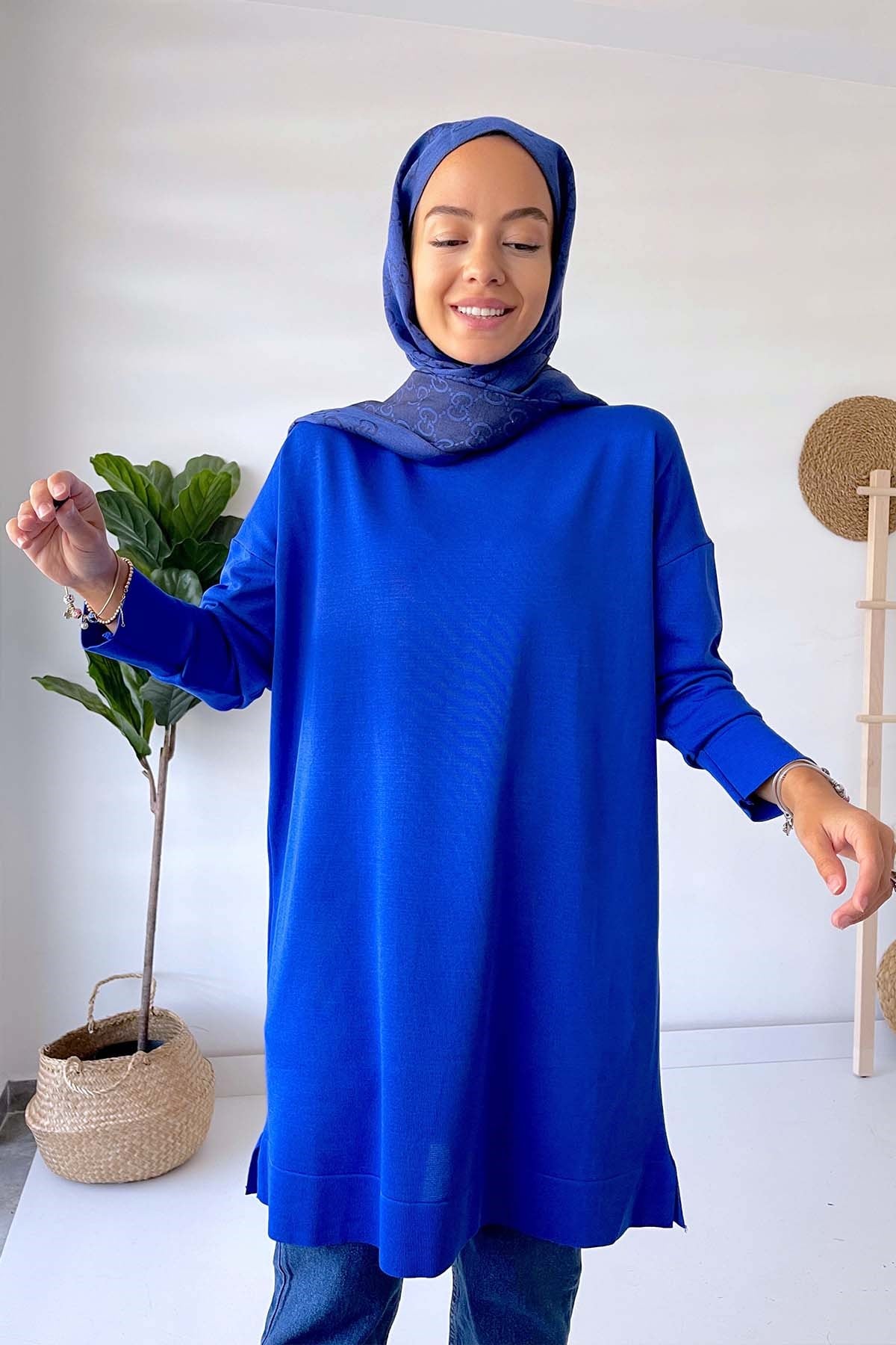 Dik Yaka Merserize Tunik - Saks