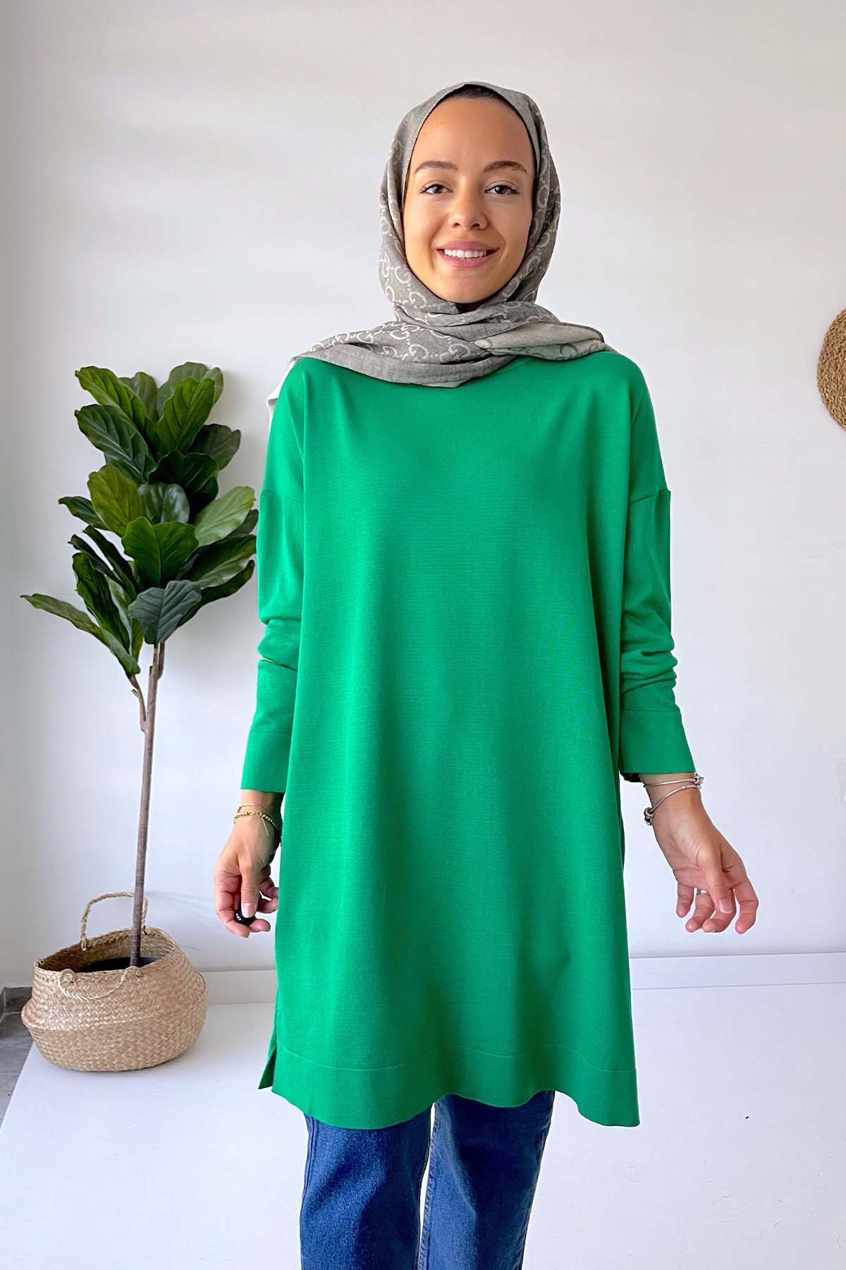 Dik Yaka Merserize Tunik - Yeşil