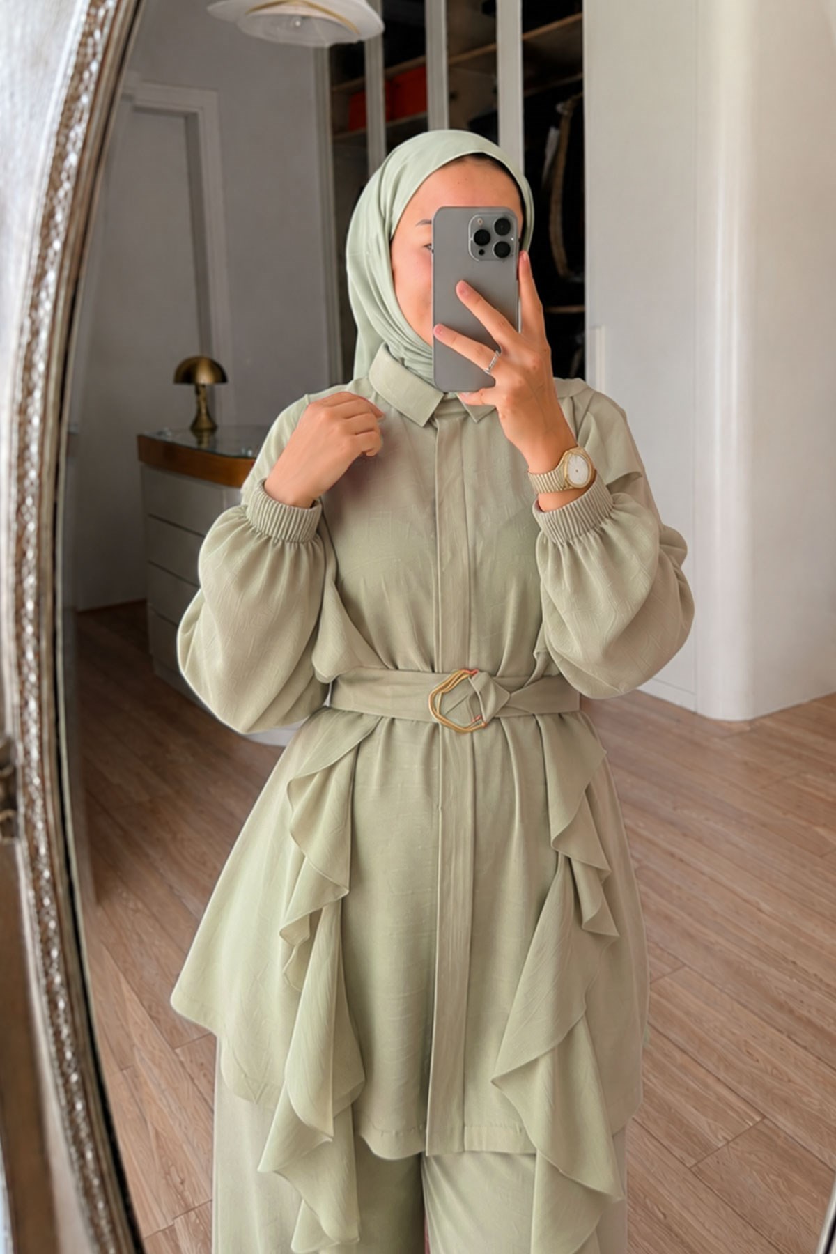 Fırfır Detaylı Kuşaklı Takım - Yeşil
