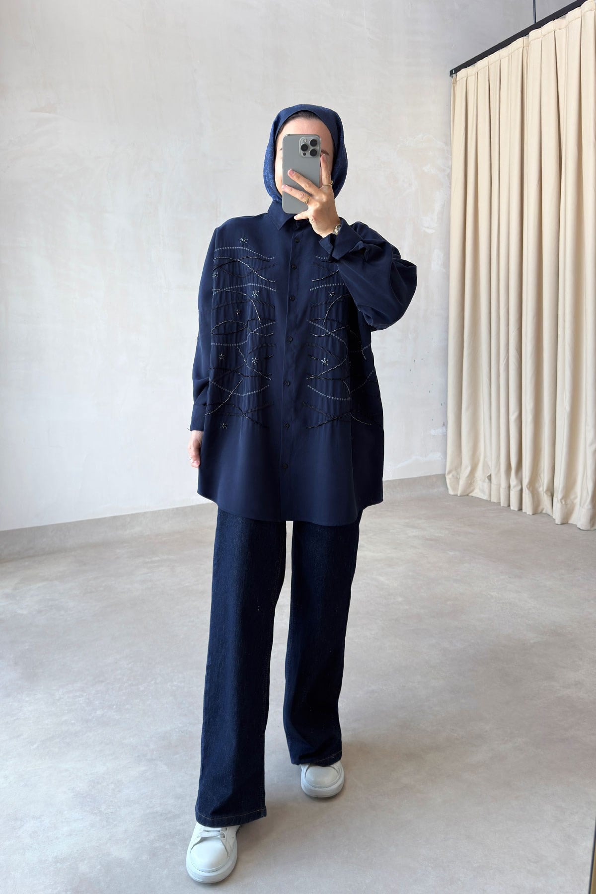 Geometrik İşleme Oversize Gömlek - Lacivert