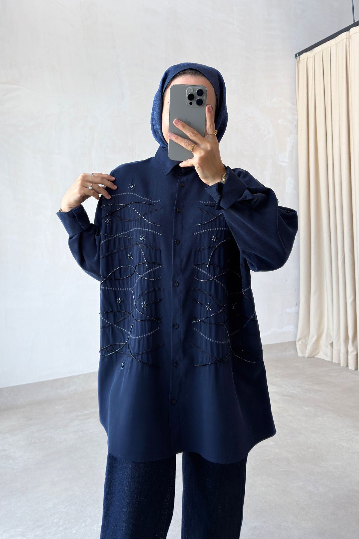 Geometrik İşleme Oversize Gömlek - Lacivert