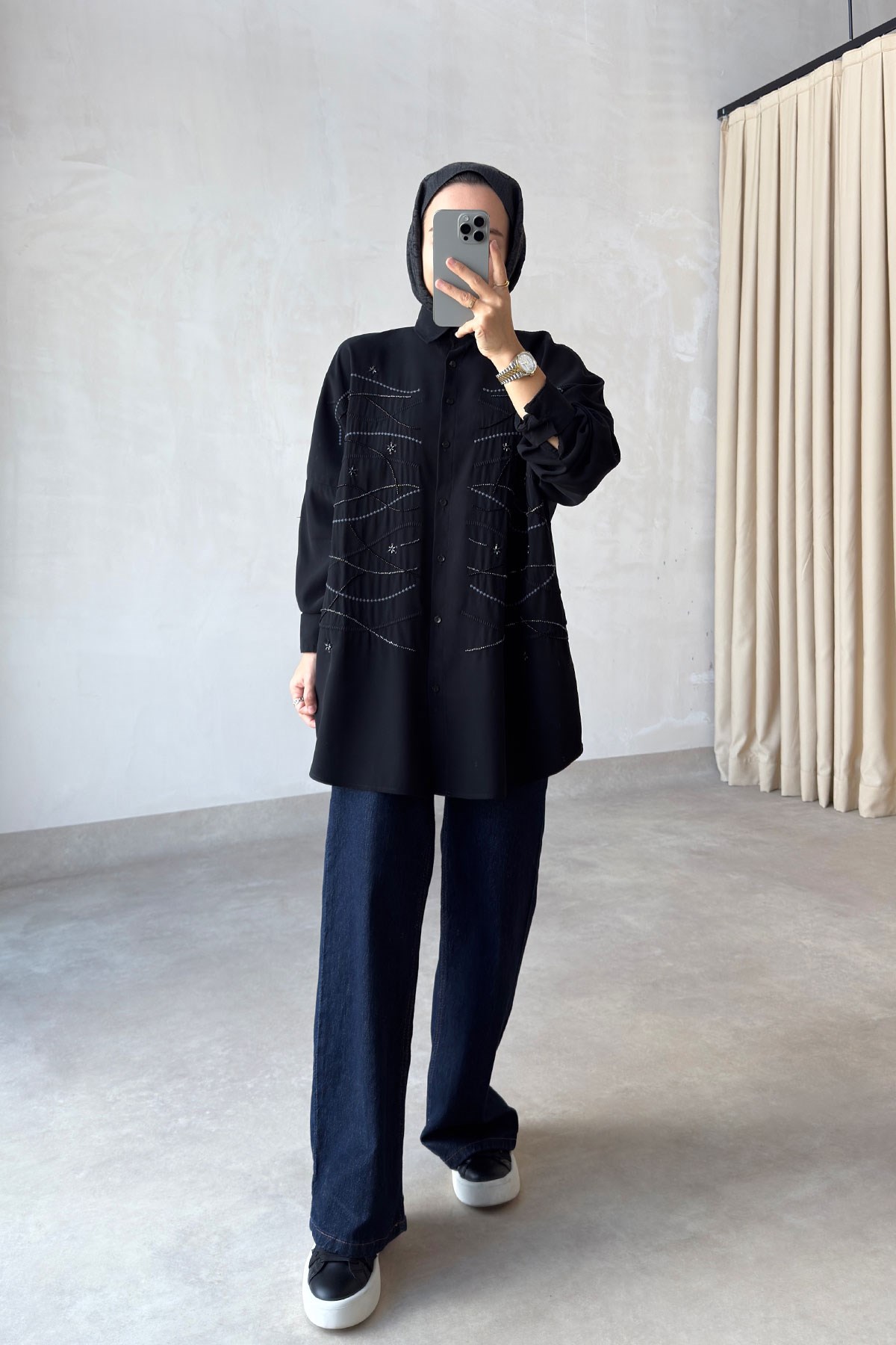 Geometrik İşleme Oversize Gömlek - Siyah