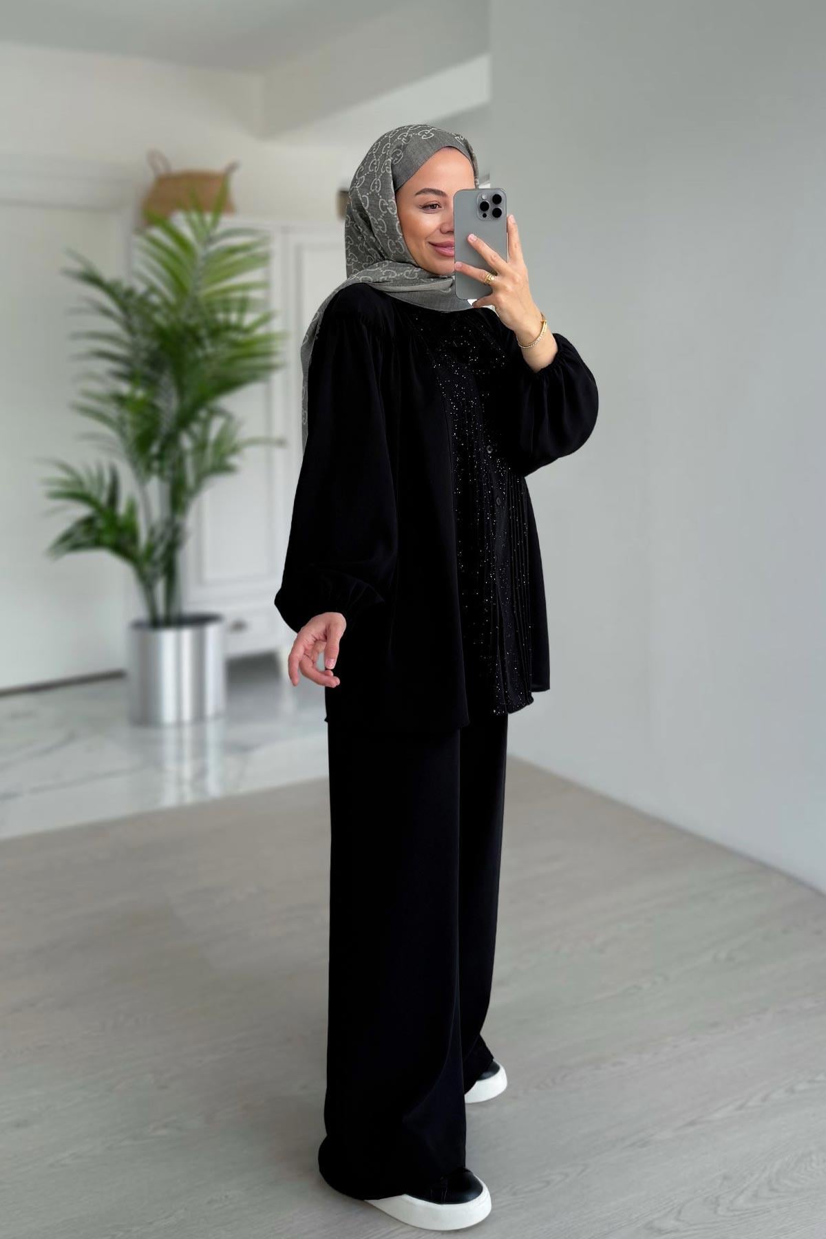 Işıltılı Pilise Detaylı Takım - Siyah
