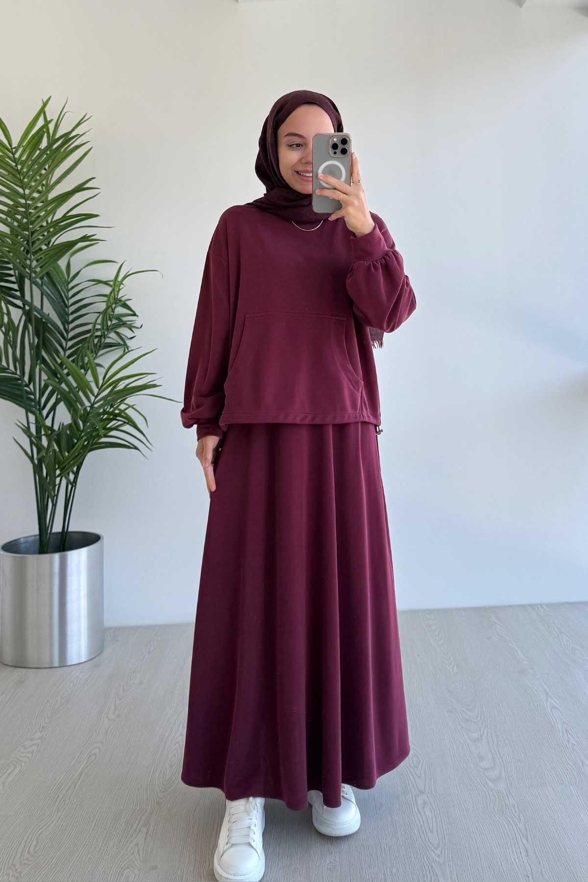 Kanguru Cep Oysh Kumaş Etekli İkili Takım - Bordo
