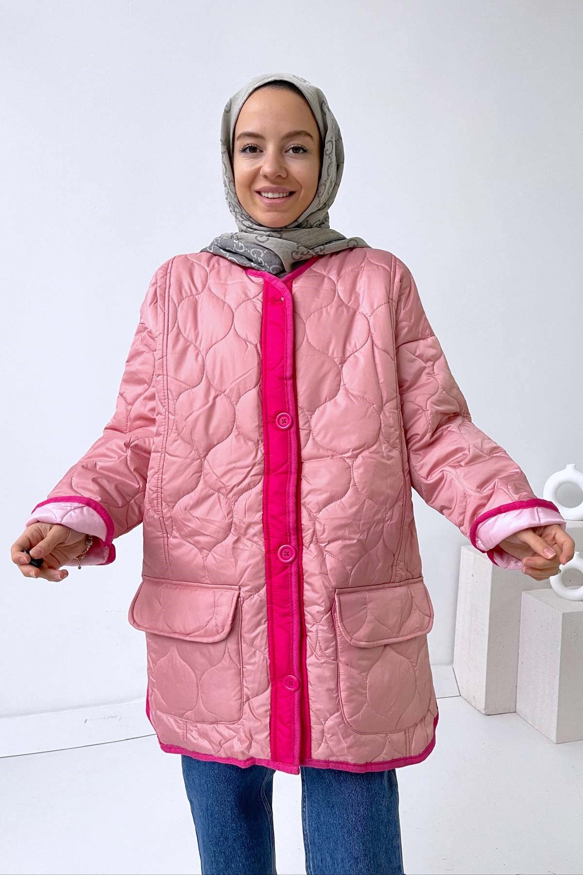 Kapitone Şişme Mont - Pembe