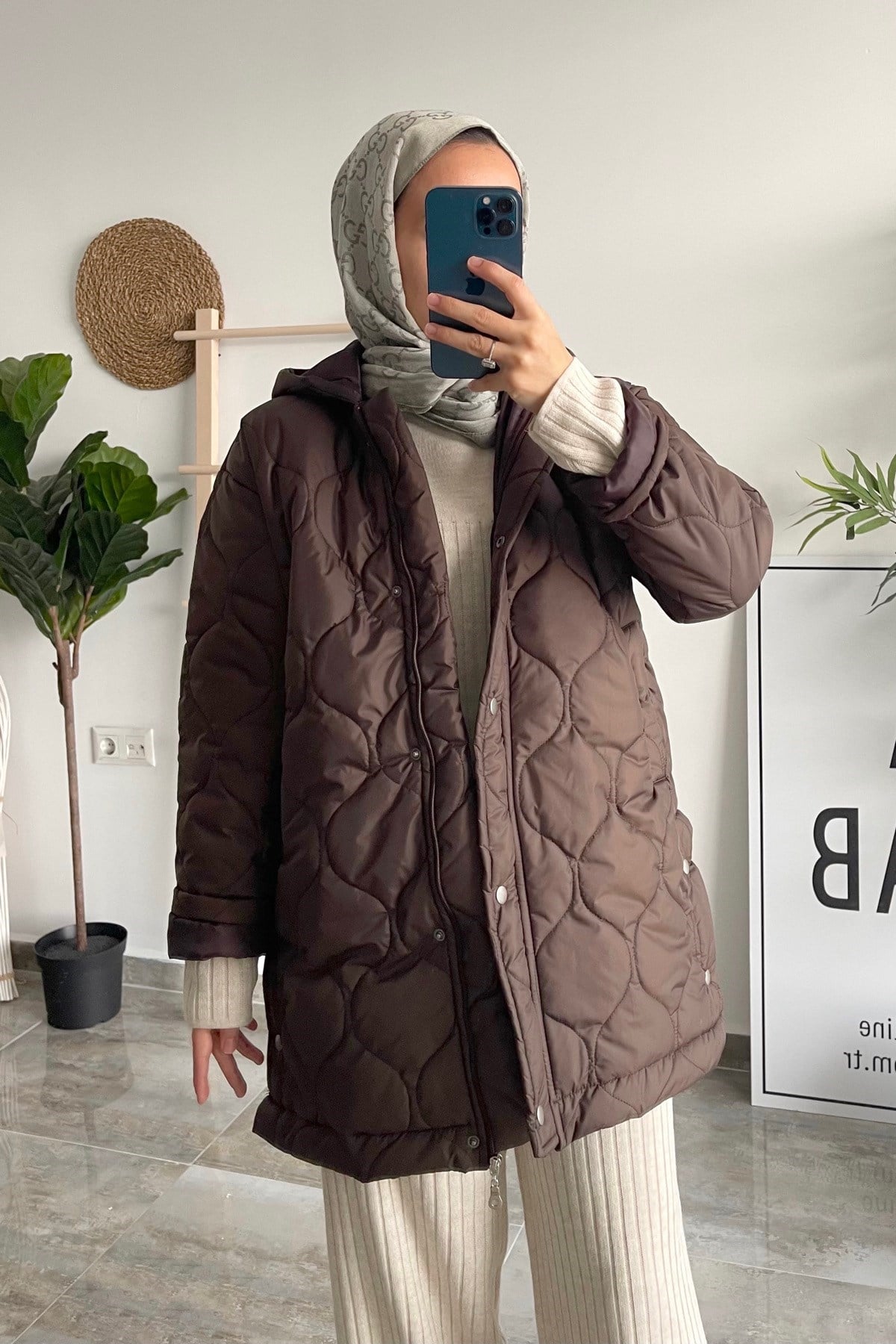 Kapüşonlu Kapitone Mont - Kahve