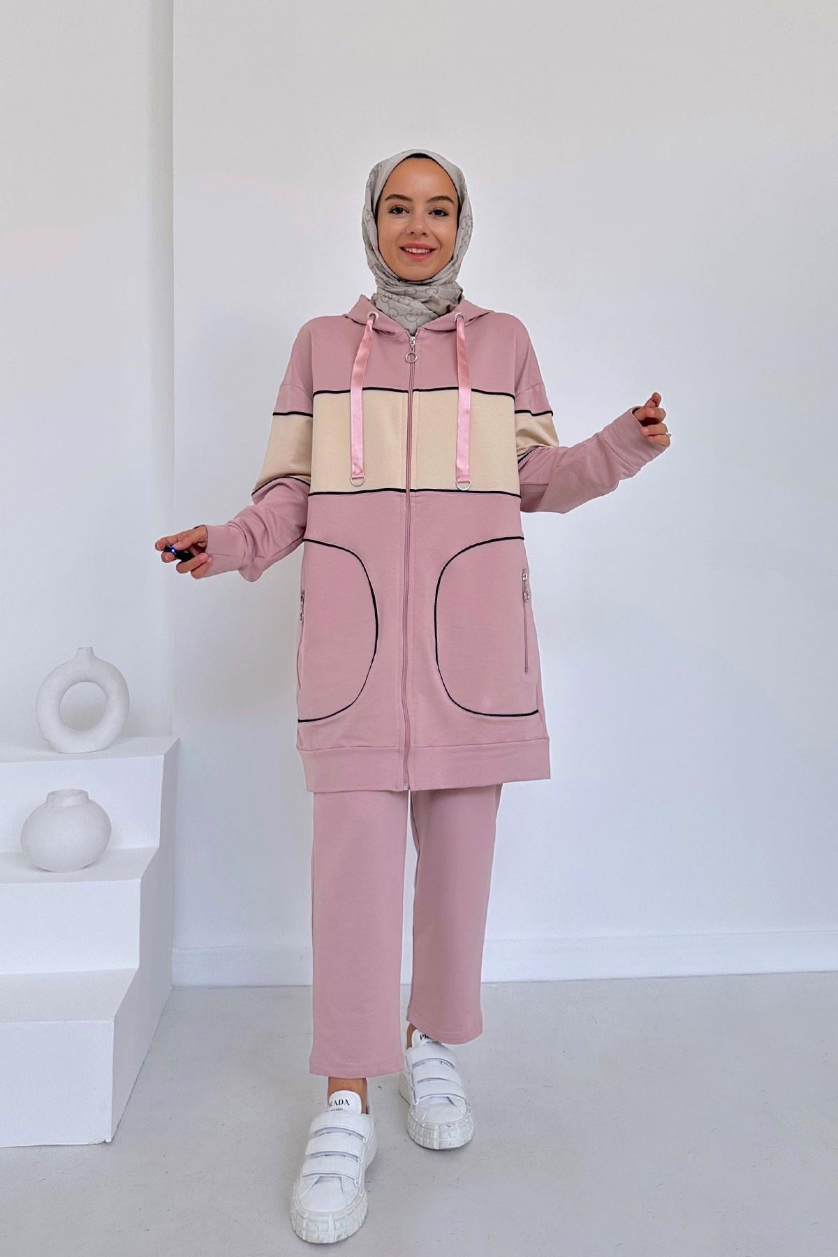 Kapüşonlu Line Takım - Pembe/Bej