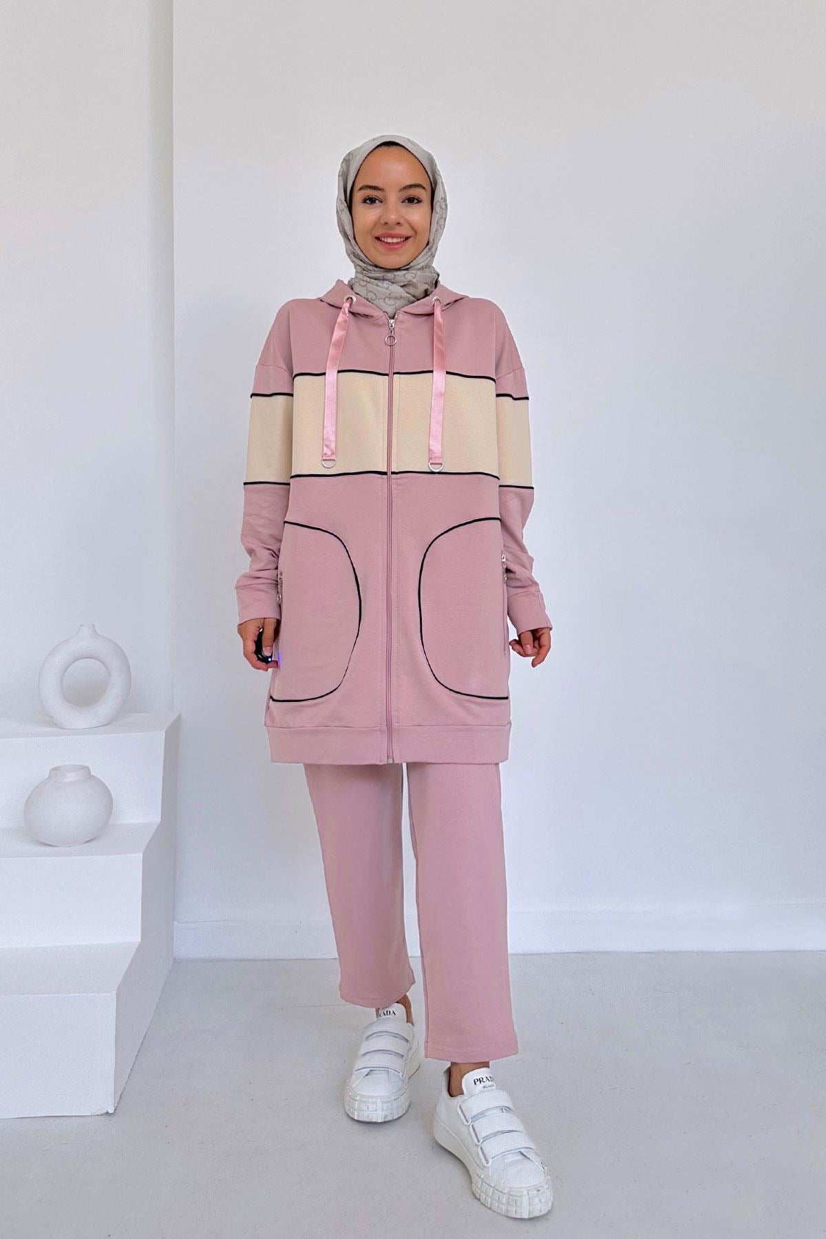 Kapüşonlu Line Takım - Pembe/Bej