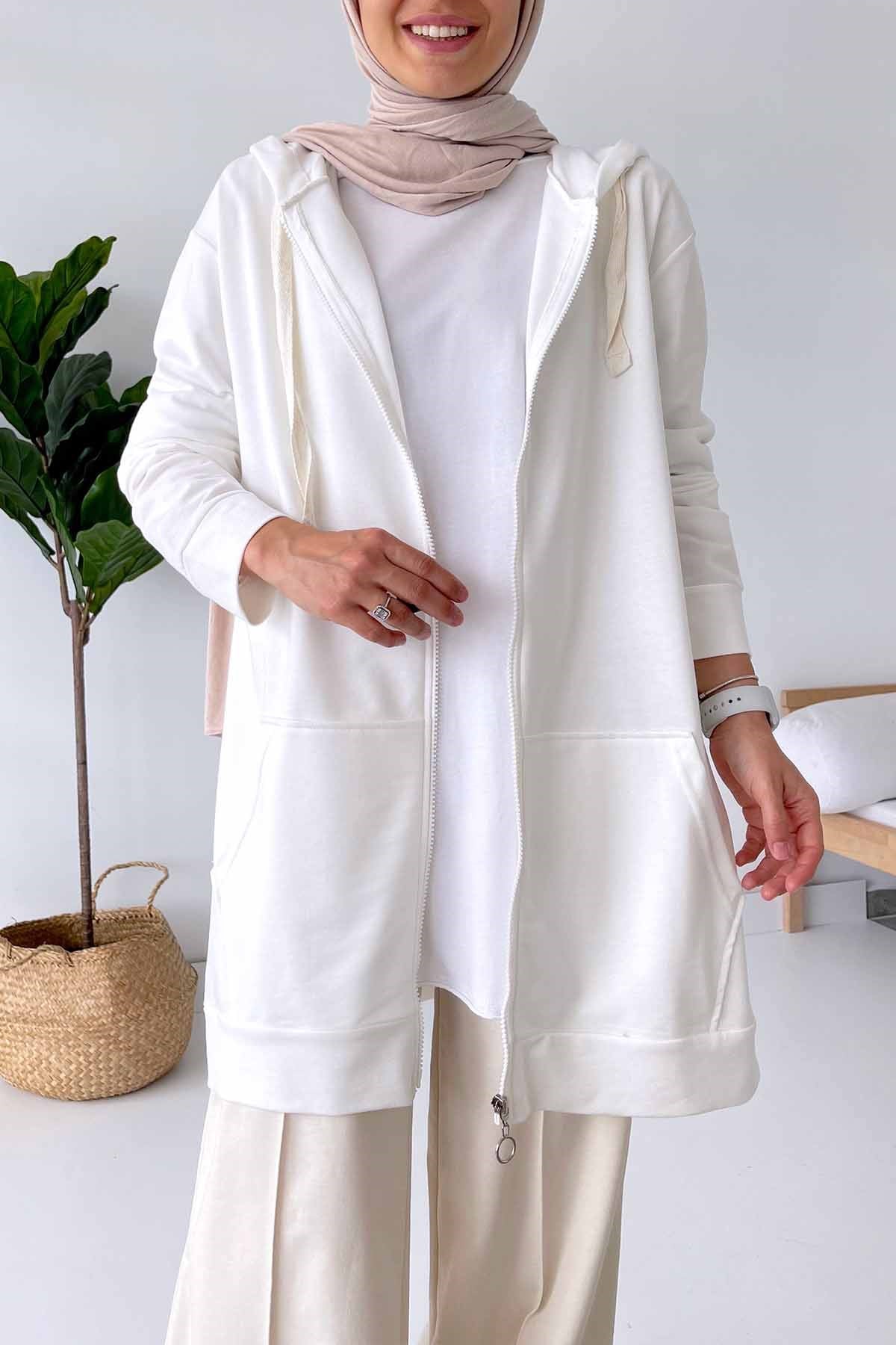 Kapüşonlu Sweatshirt - Beyaz