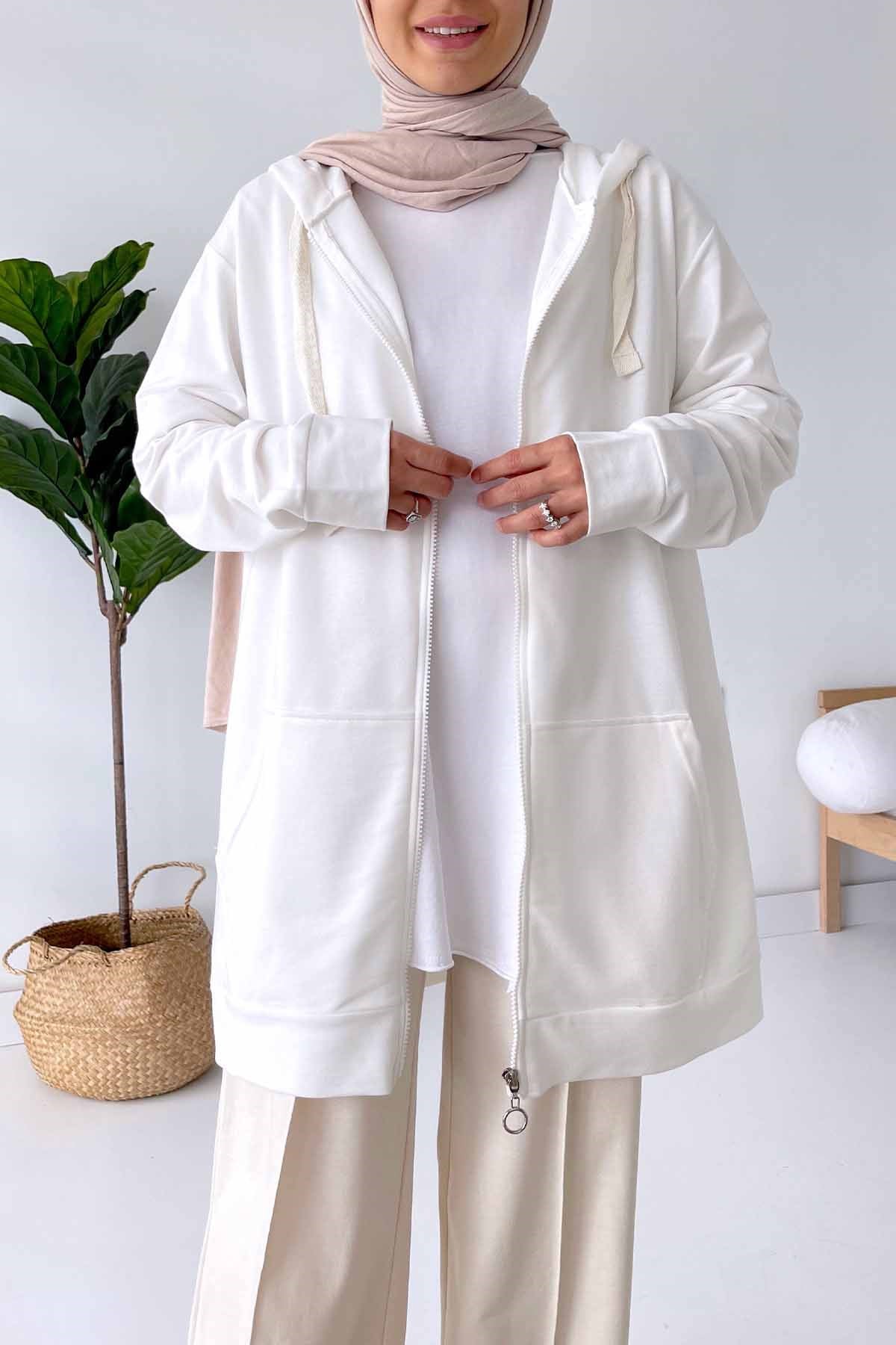 Kapüşonlu Sweatshirt - Beyaz