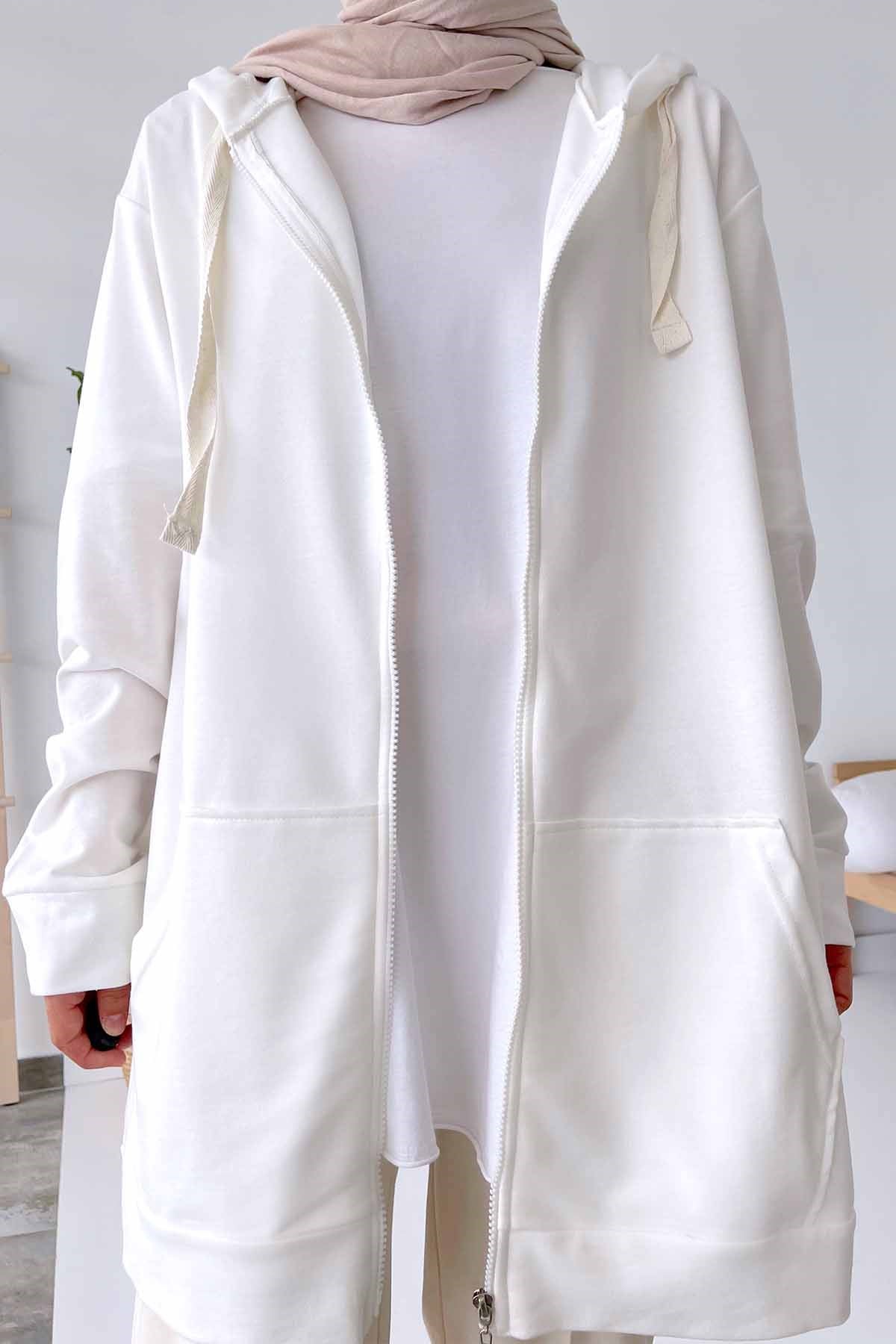 Kapüşonlu Sweatshirt - Beyaz