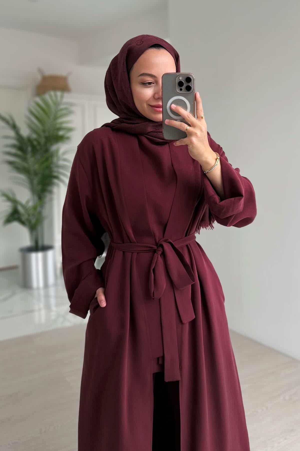 Kimonolu Şık Üçlü Takım - Bordo
