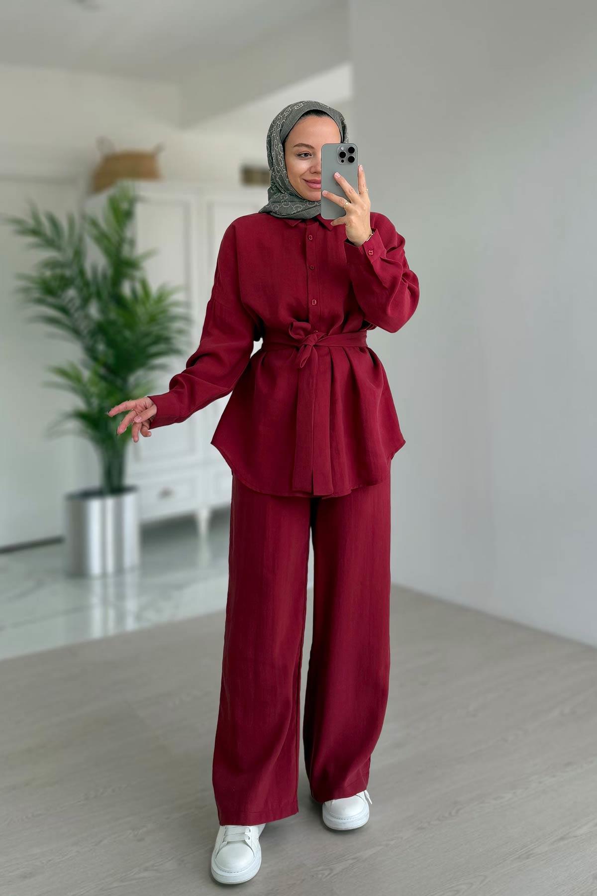 Kuşak Detay Dökümlü İkili Takım - Bordo
