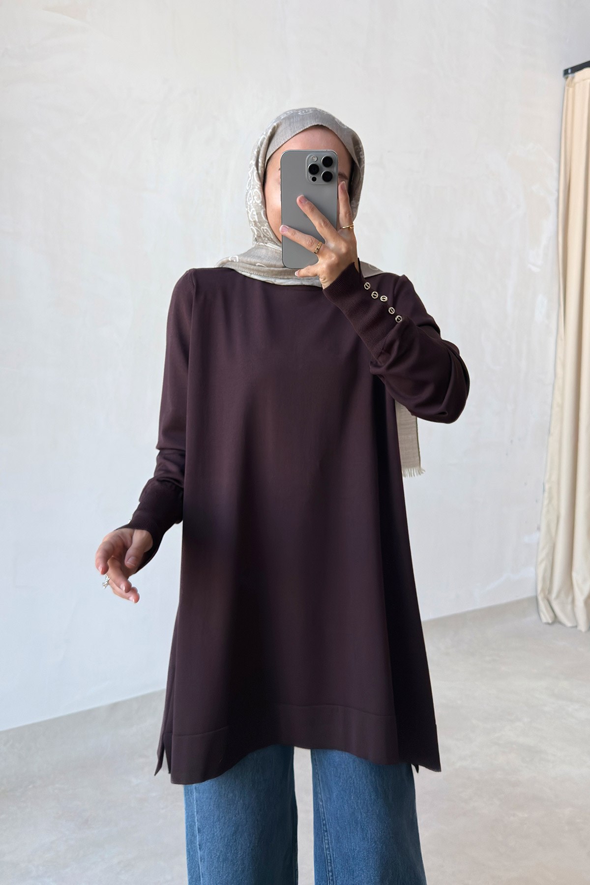 Manşet Detaylı Merserize Tunik - Kahverengi