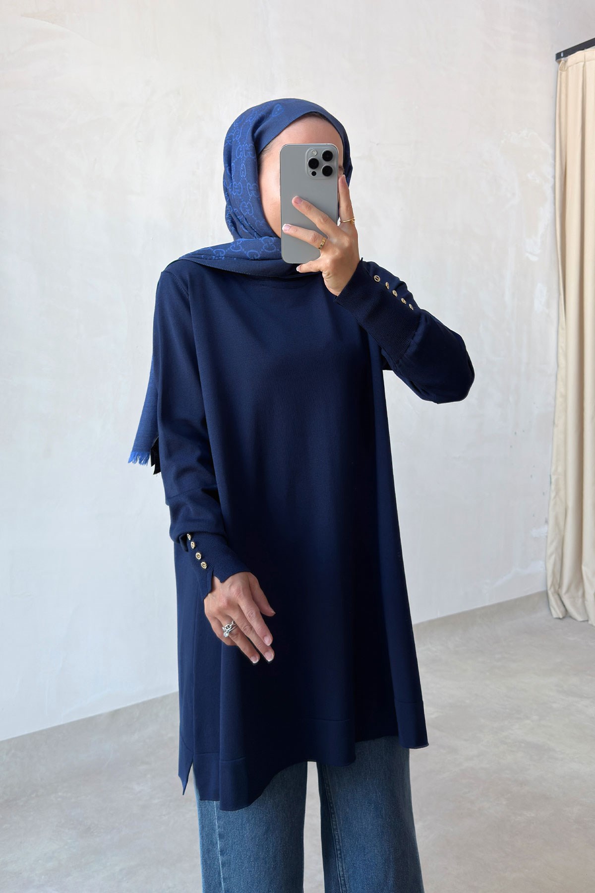 Manşet Detaylı Merserize Tunik - Lacivert