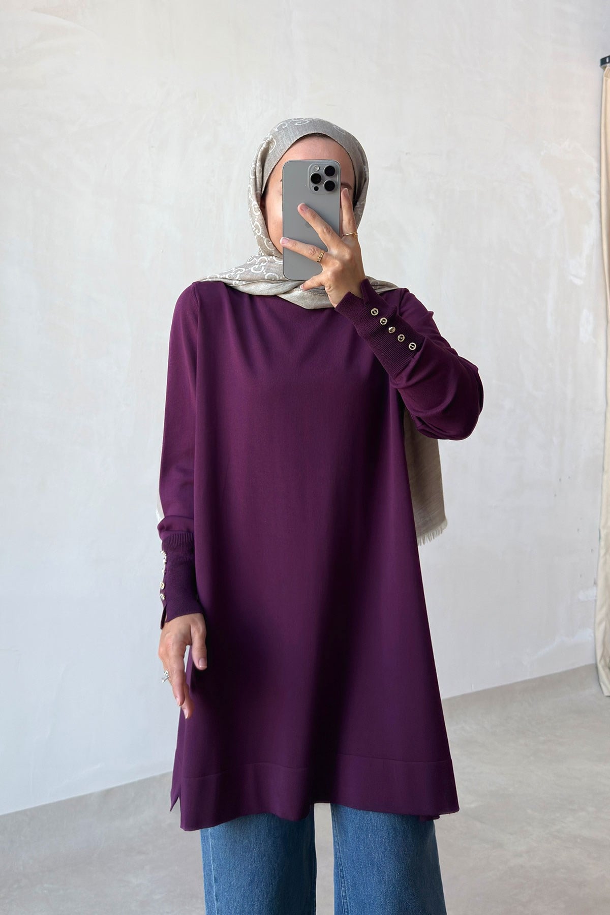 Manşet Detaylı Merserize Tunik - Mürdüm