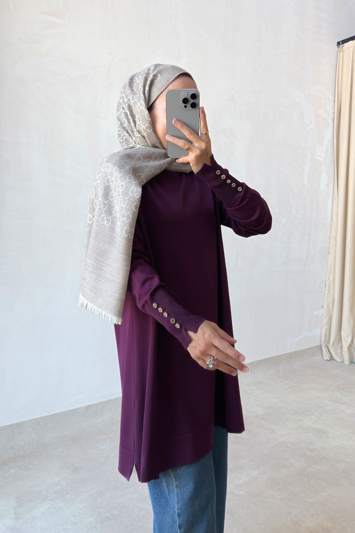 Manşet Detaylı Merserize Tunik - Mürdüm