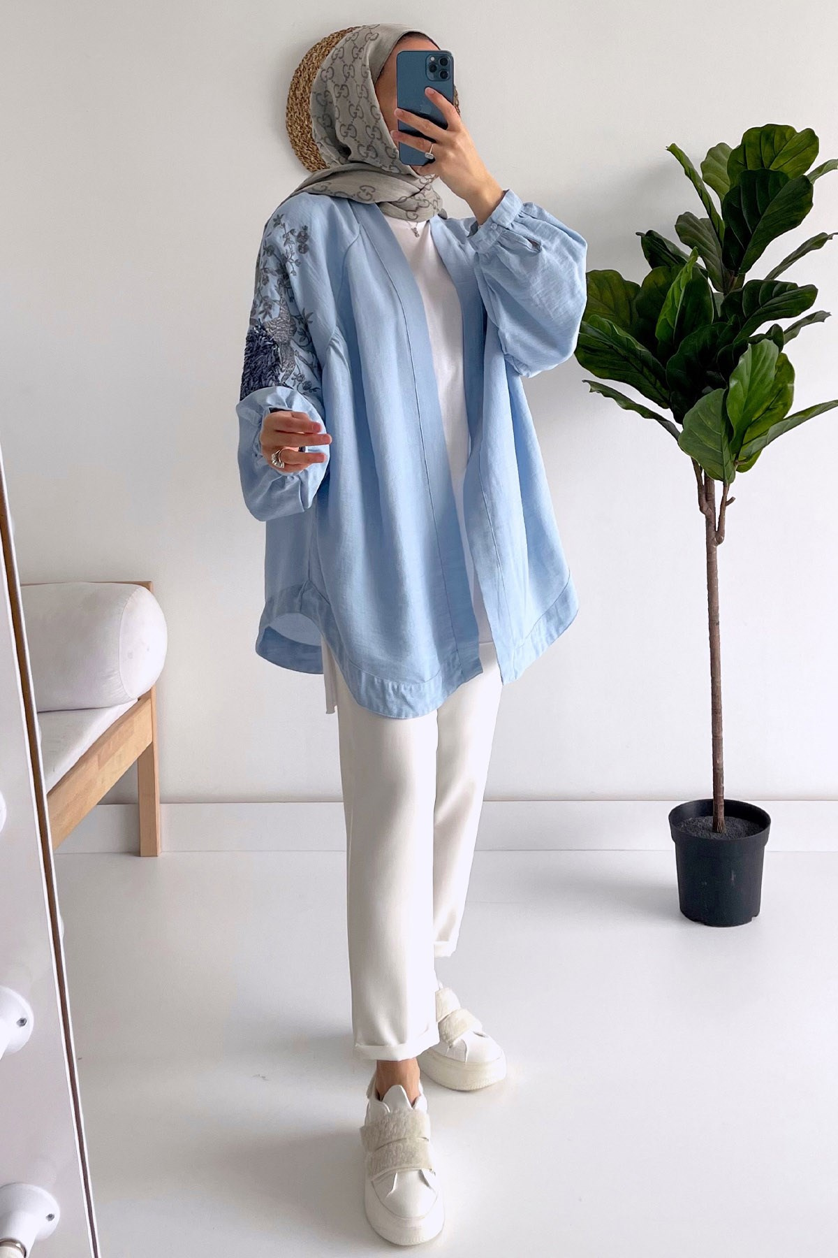Nakışlı Peacock Kimono - Mavi