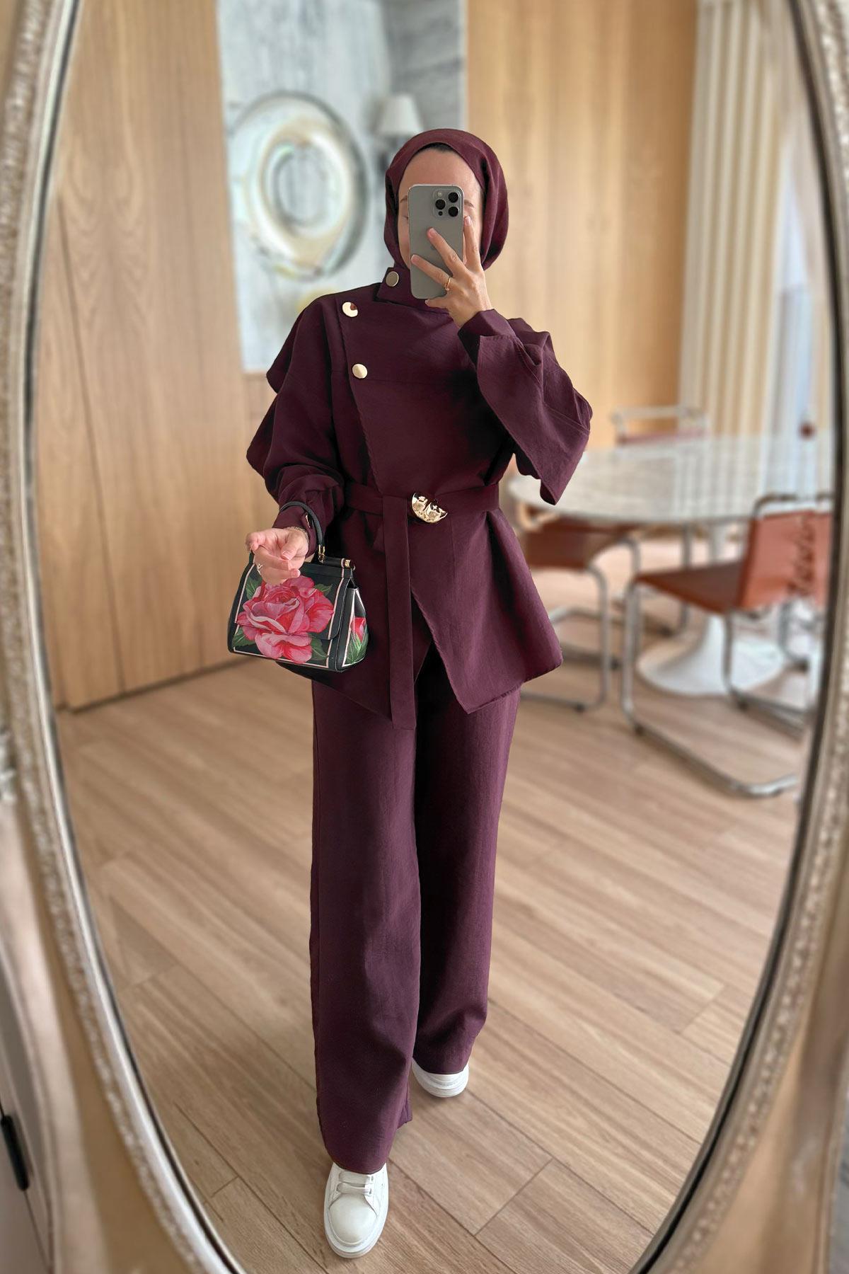 Omuz Düğmeli Trenç Takım - Bordo