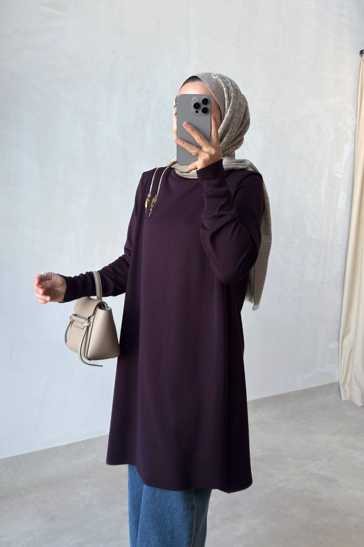 Omuz Fermuarlı Merserize Tunik - Mürdüm