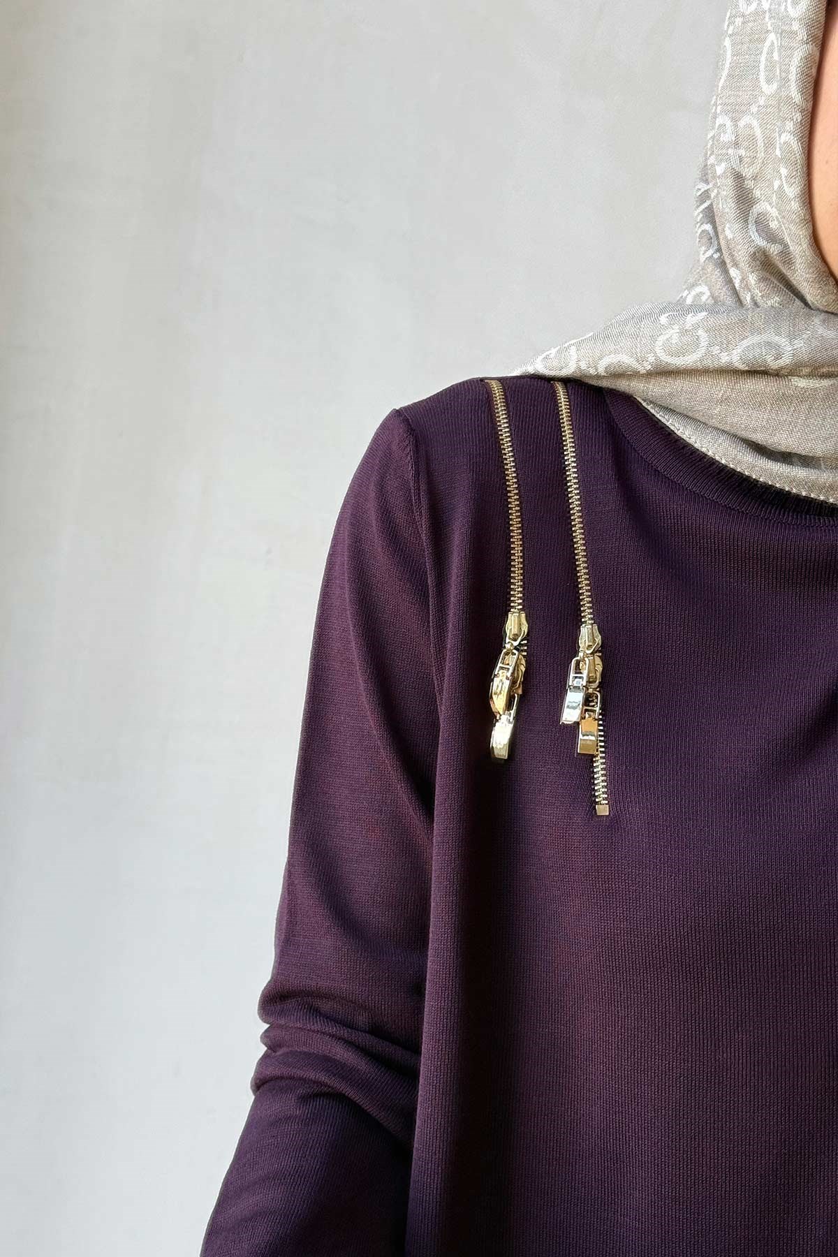 Omuz Fermuarlı Merserize Tunik - Mürdüm