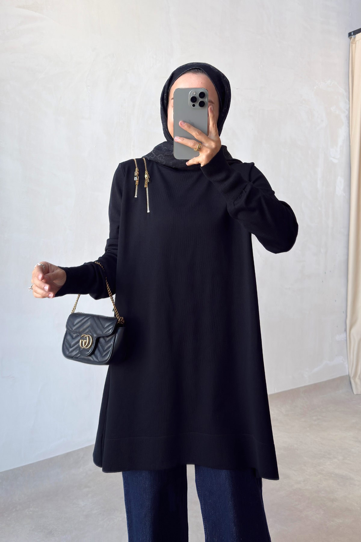 Omuz Fermuarlı Merserize Tunik - Siyah