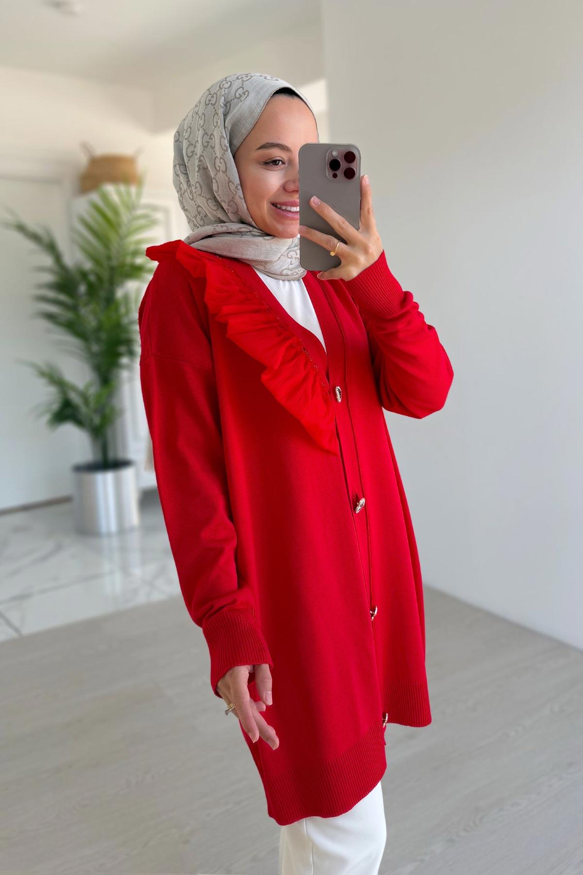 Omzu Fırfır Merserize Hırka - Kırmızı