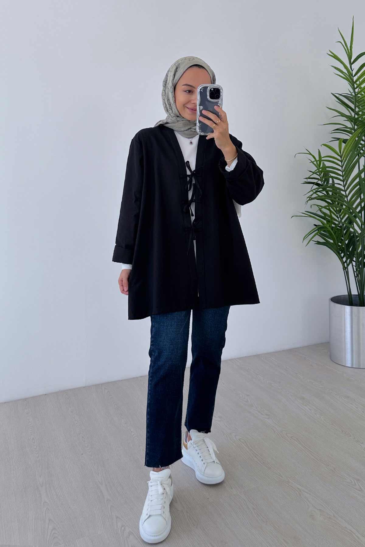 Önden Bağlamalı Gabardin Kimono - Siyah