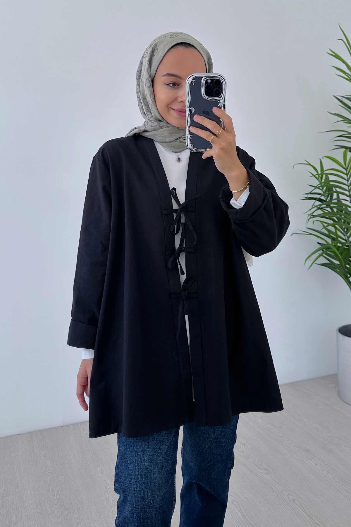 Önden Bağlamalı Gabardin Kimono - Siyah