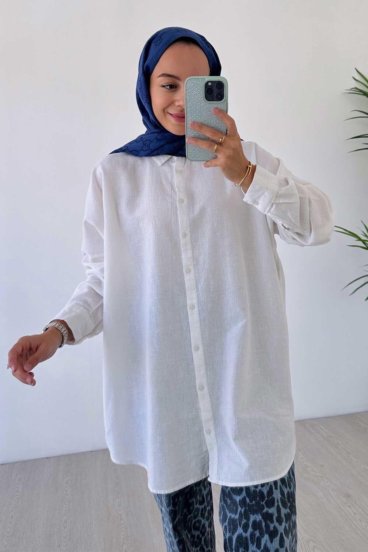 Oversize Keten Gömlek - Beyaz