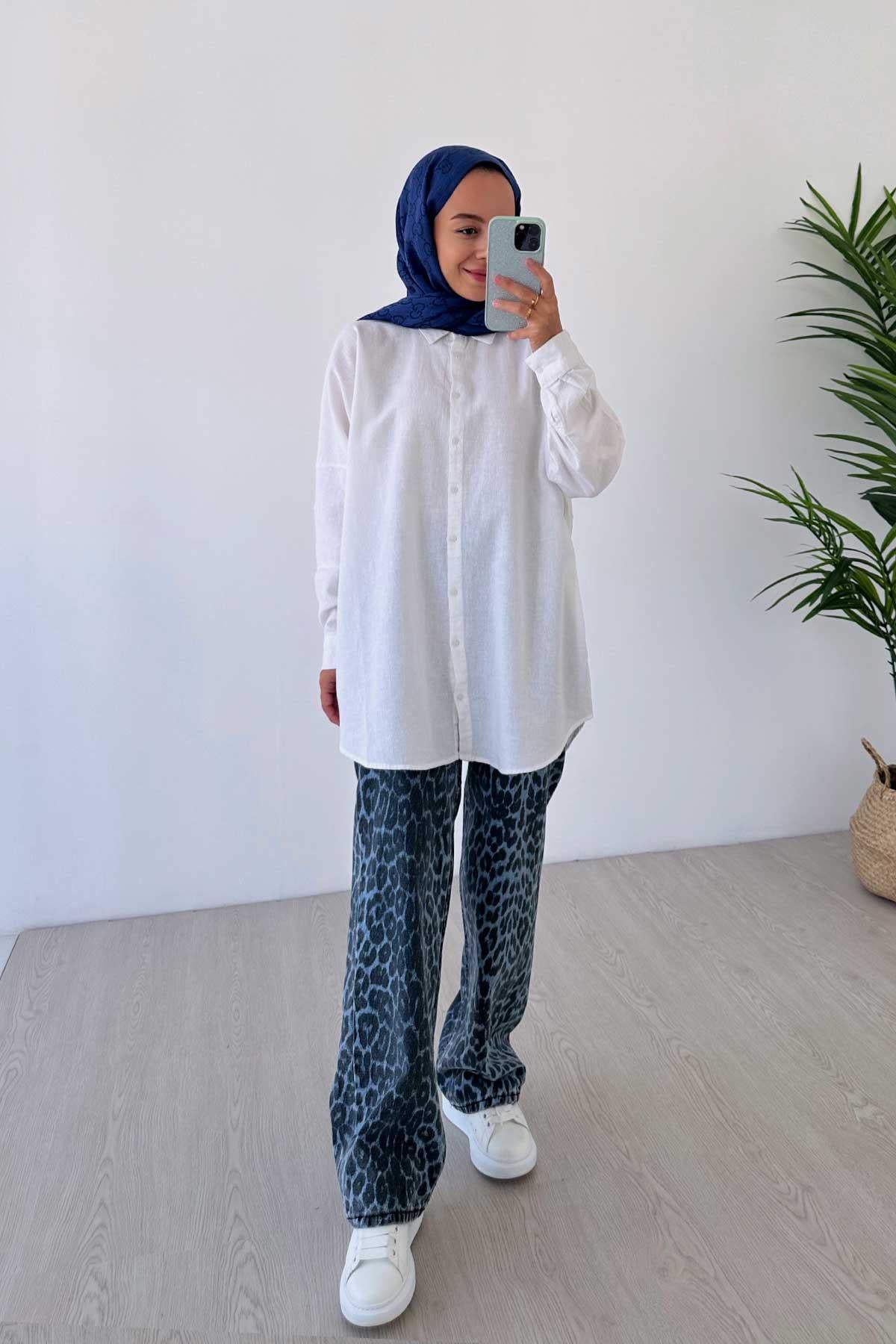 Oversize Keten Gömlek - Beyaz