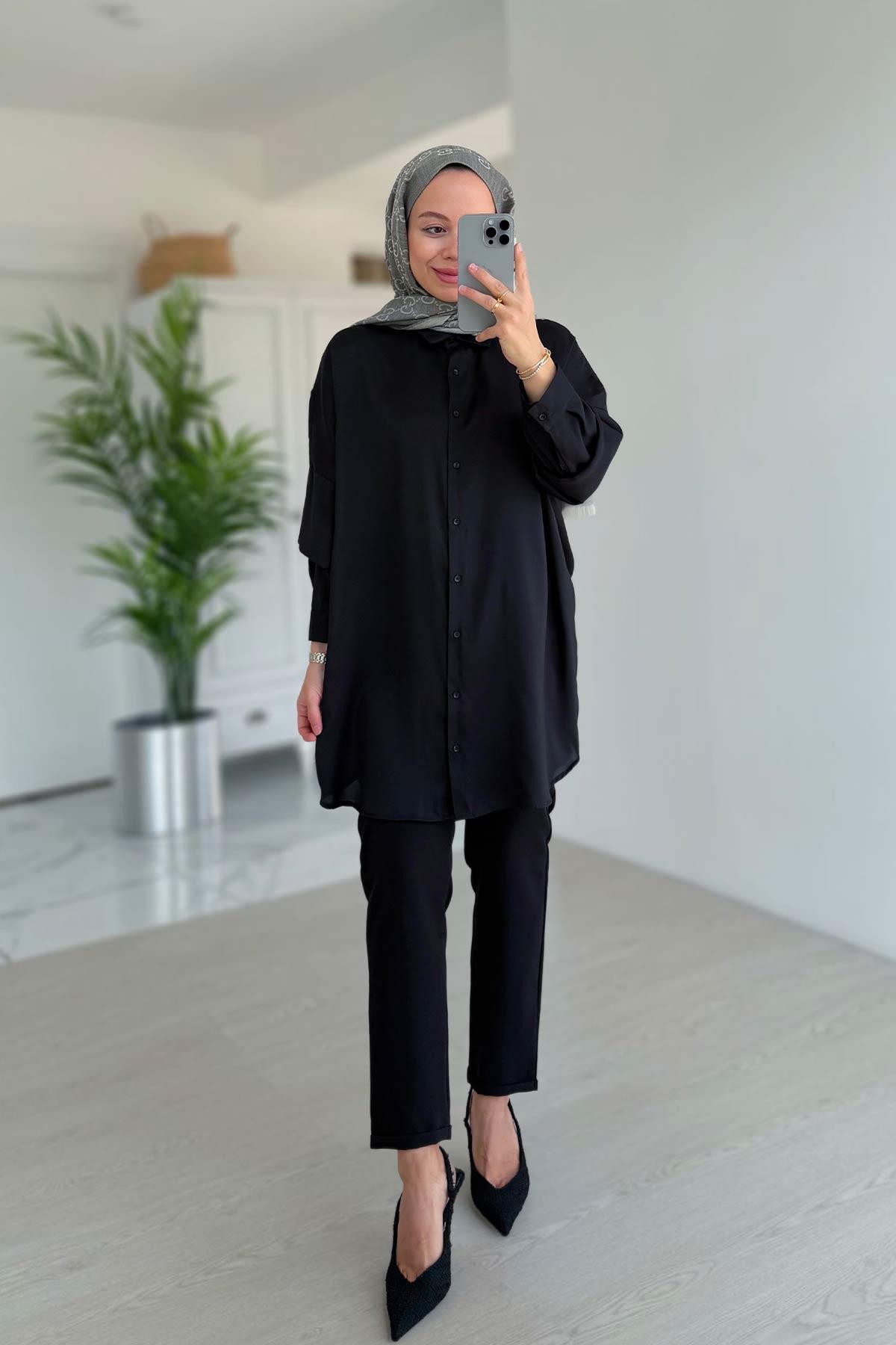 Oversize Saten Gömlek - Siyah