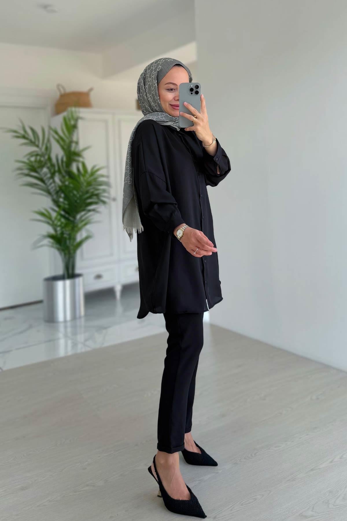 Oversize Saten Gömlek - Siyah
