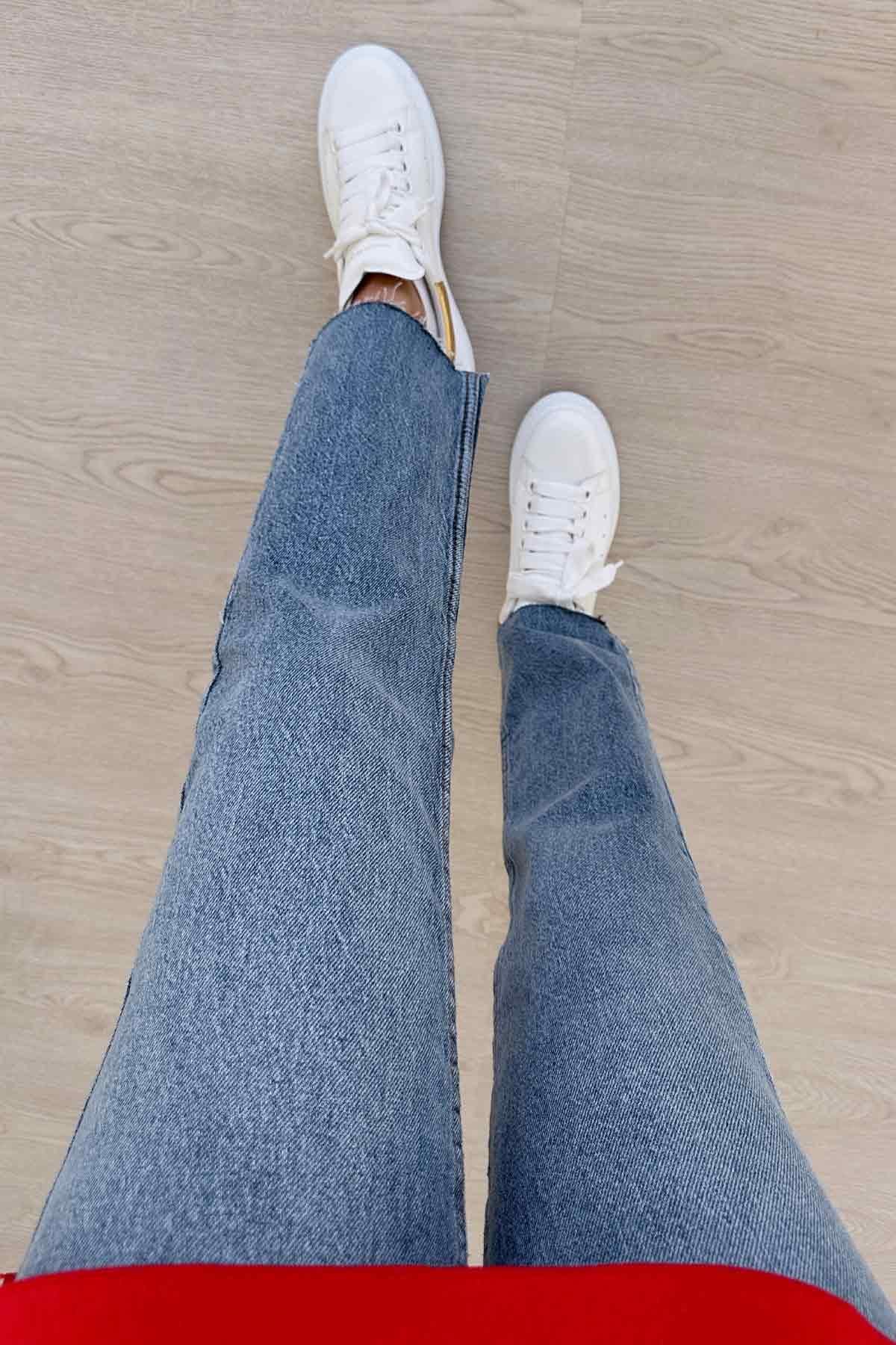 Paçası Kesik Boyfit Jean - Mavi