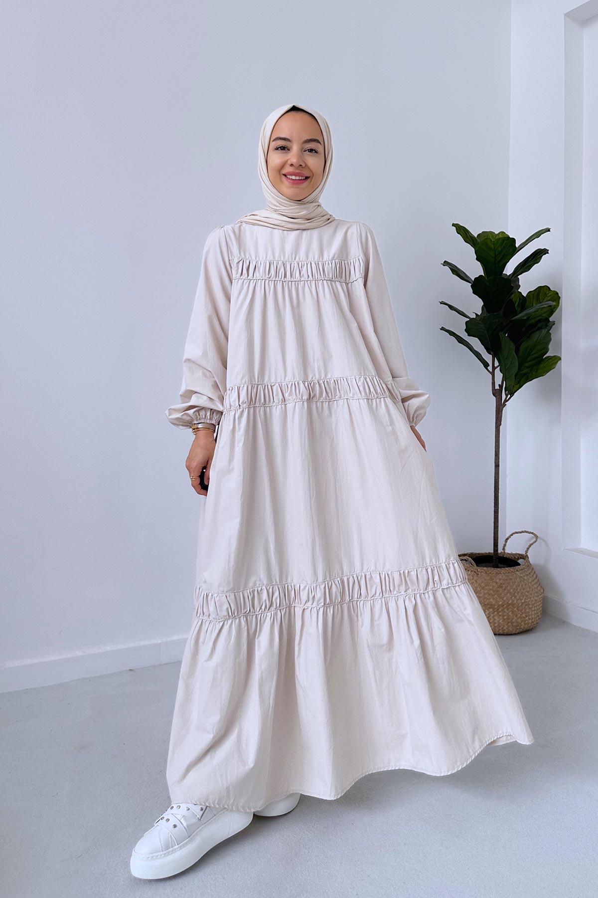 Poplin Rahat Elbise - Bej