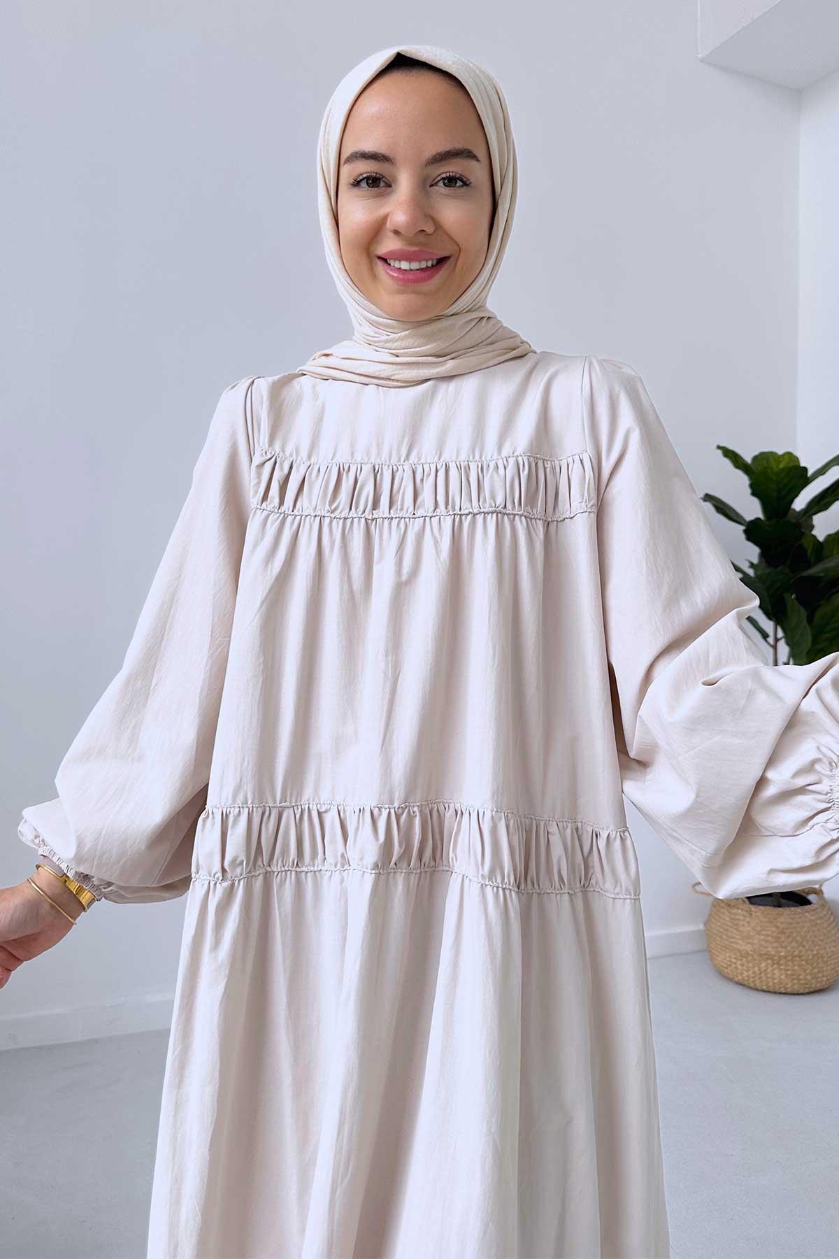 Poplin Rahat Elbise - Bej