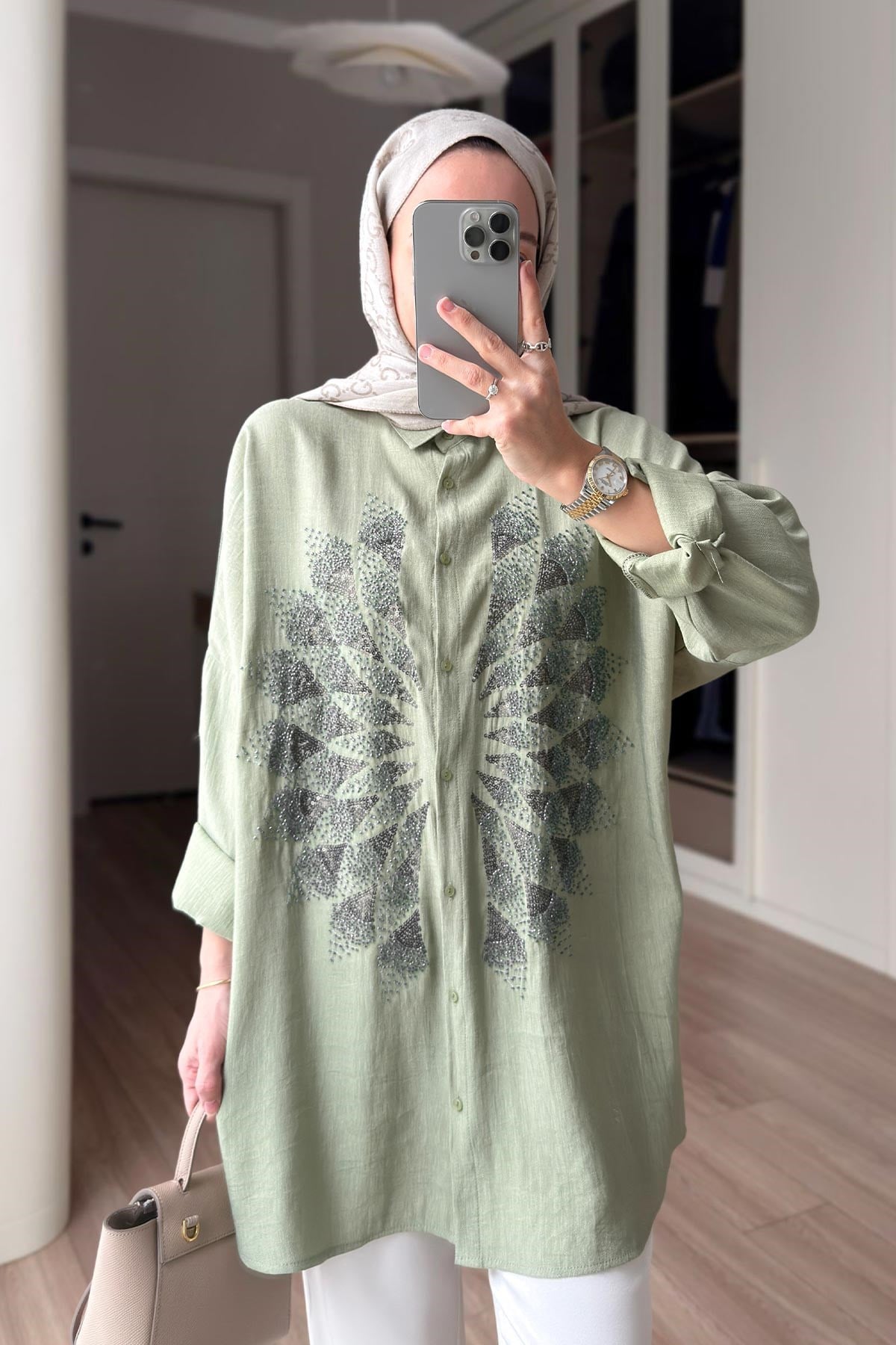 Rose Boncuk İşlemeli Gömlek - Yeşil
