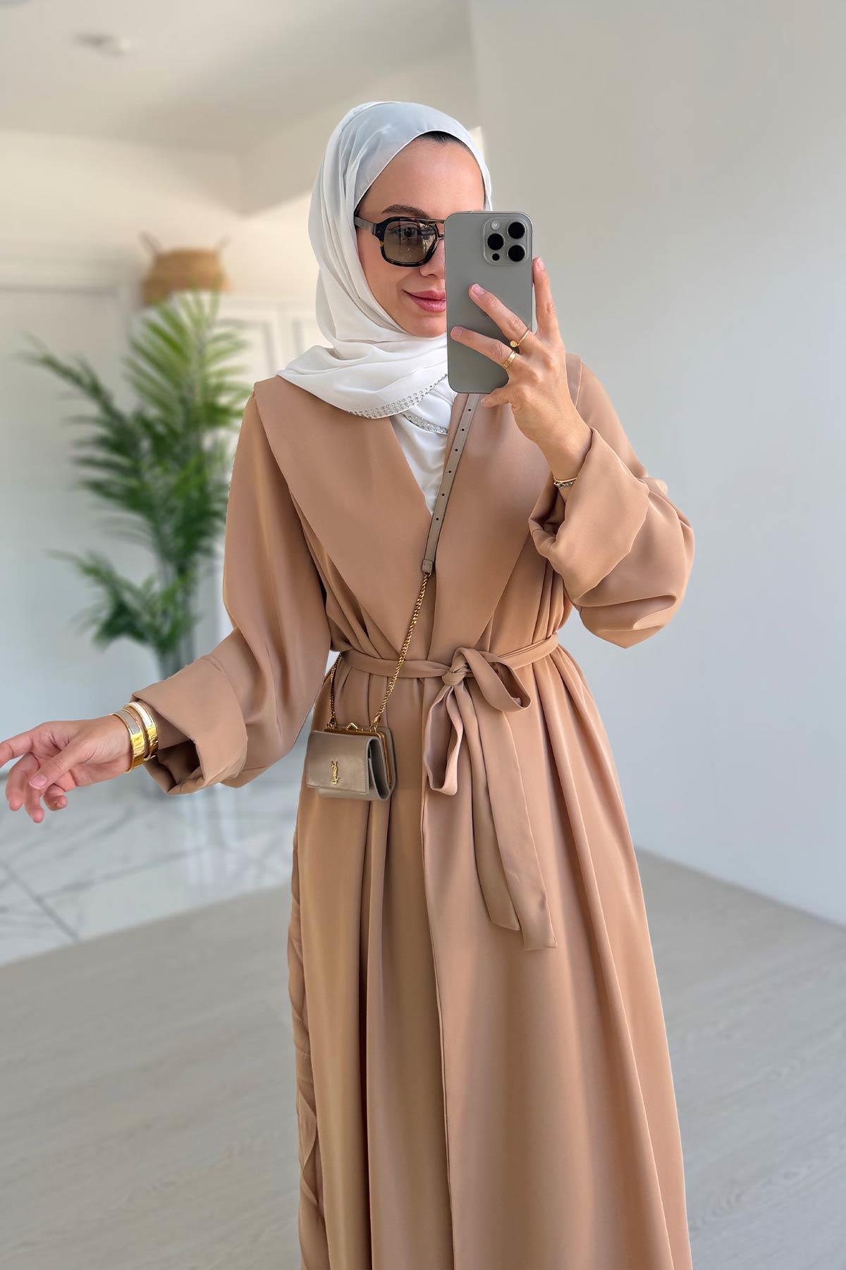 Sırt Detay Dökümlü Abaya - Bej