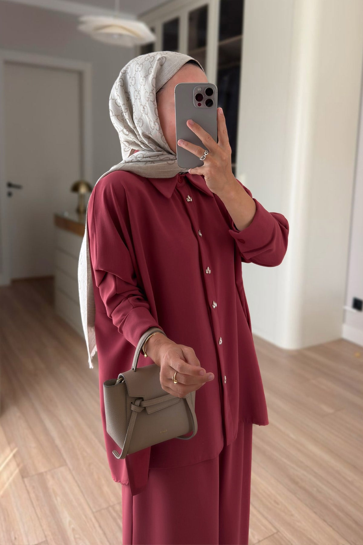 Taş Düğmeli İkili Takım - Bordo