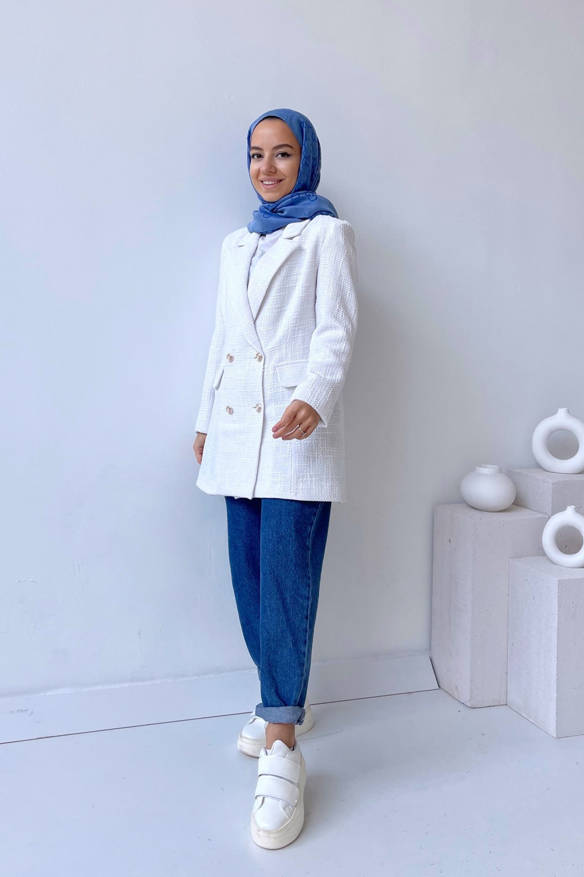 Tüvit Blazer Ceket - Beyaz