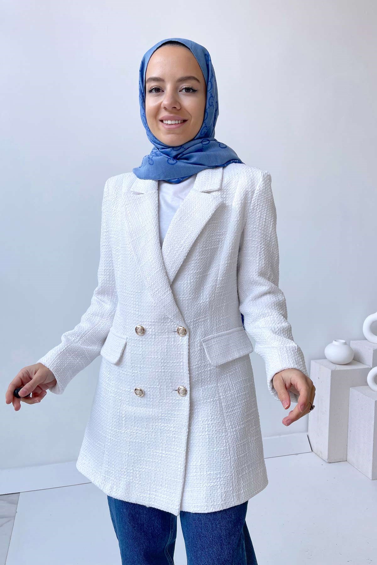 Tüvit Blazer Ceket - Beyaz