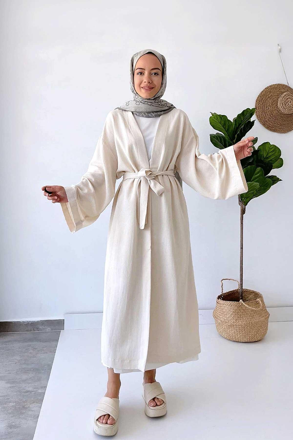 Uzun Kuşaklı Keten Kimono - Bej