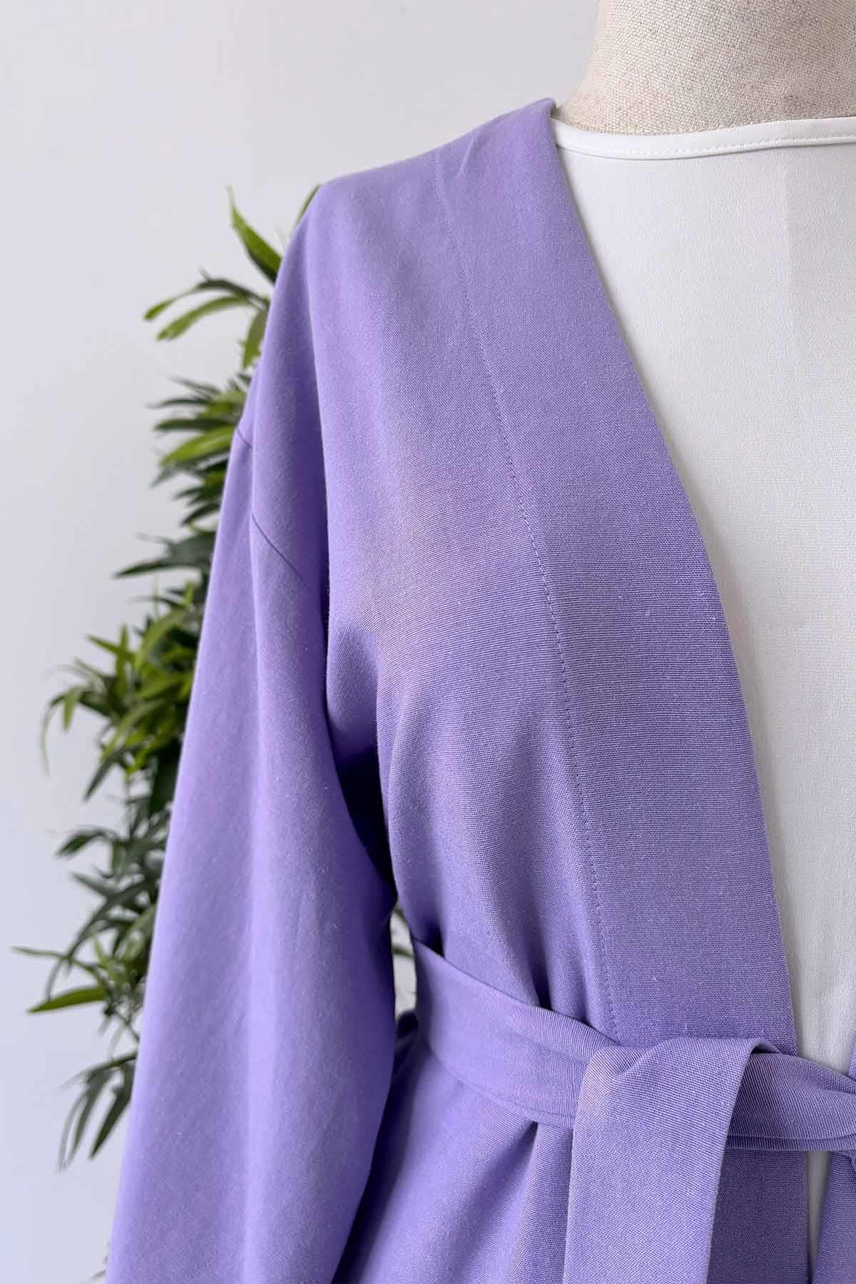 Uzun Kuşaklı Keten Kimono - Lila
