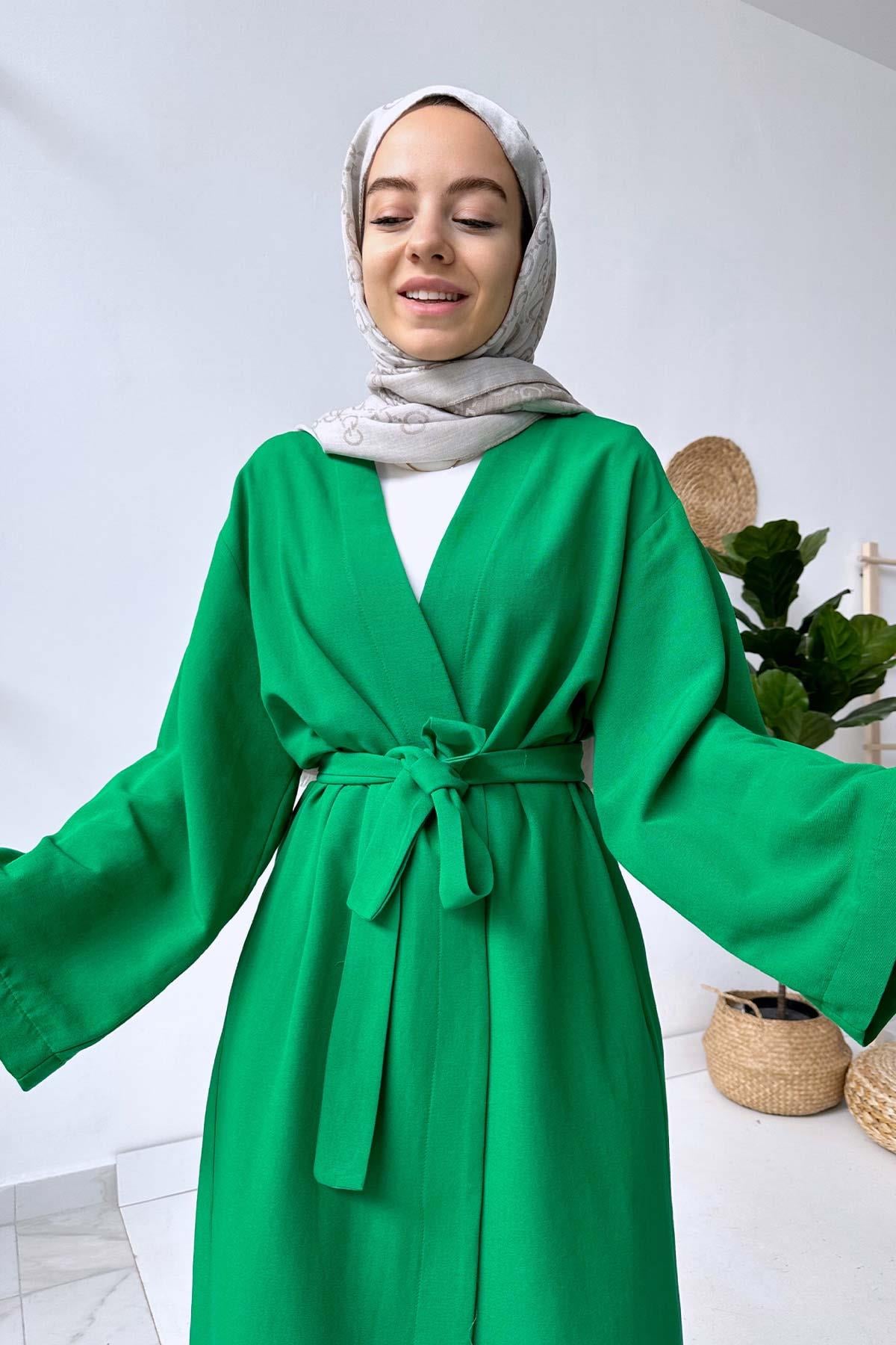Uzun Kuşaklı Keten Kimono - Yeşil