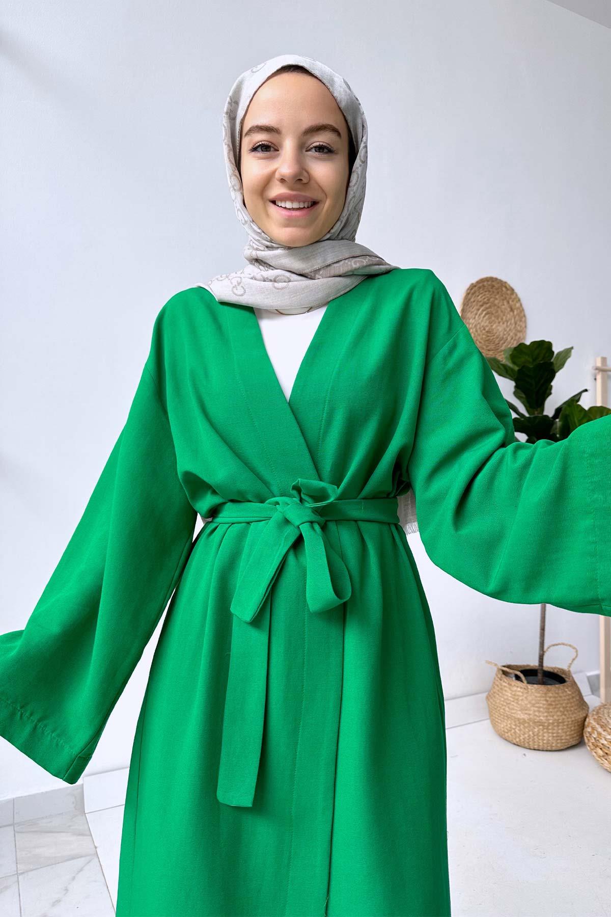 Uzun Kuşaklı Keten Kimono - Yeşil