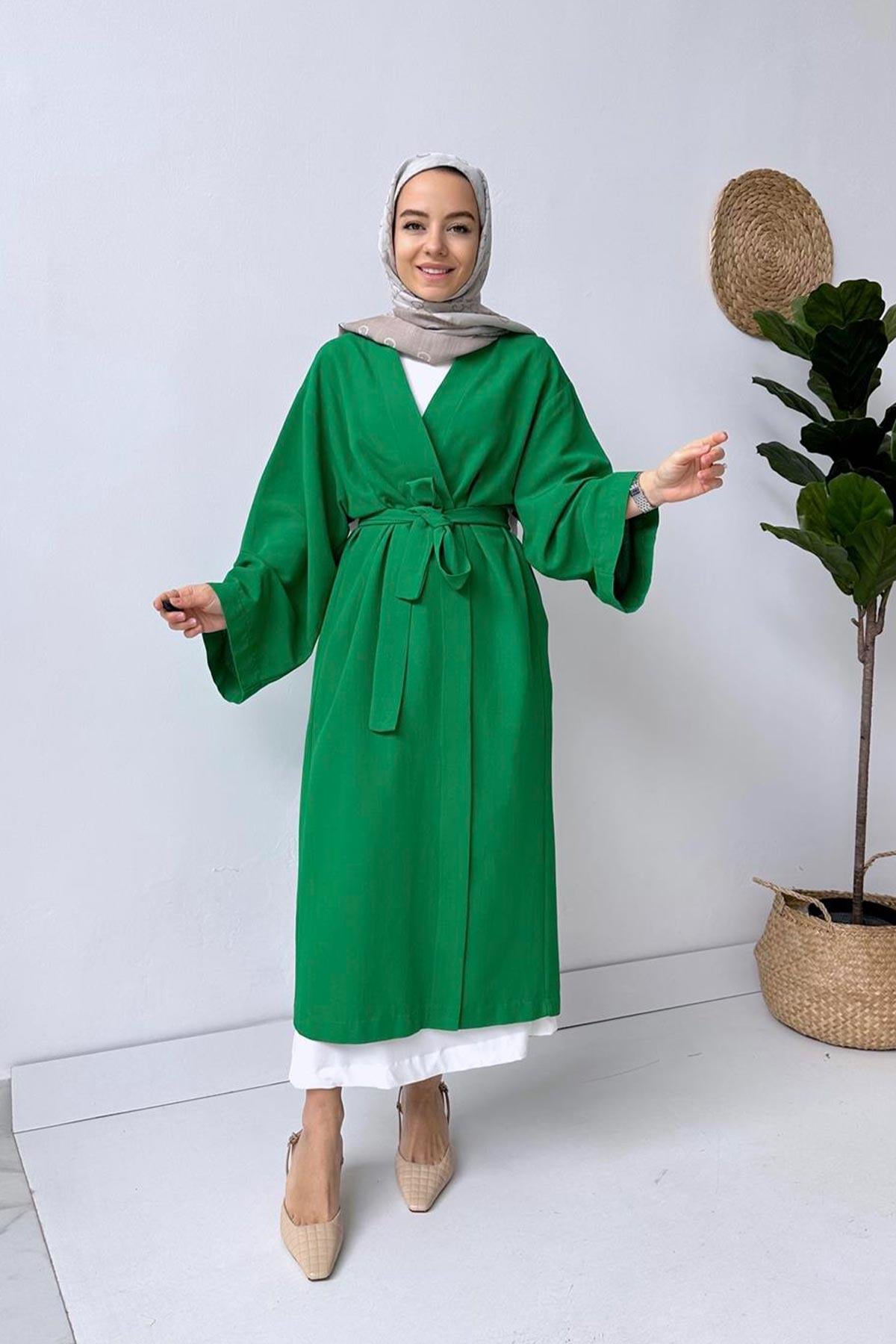 Uzun Kuşaklı Keten Kimono - Yeşil