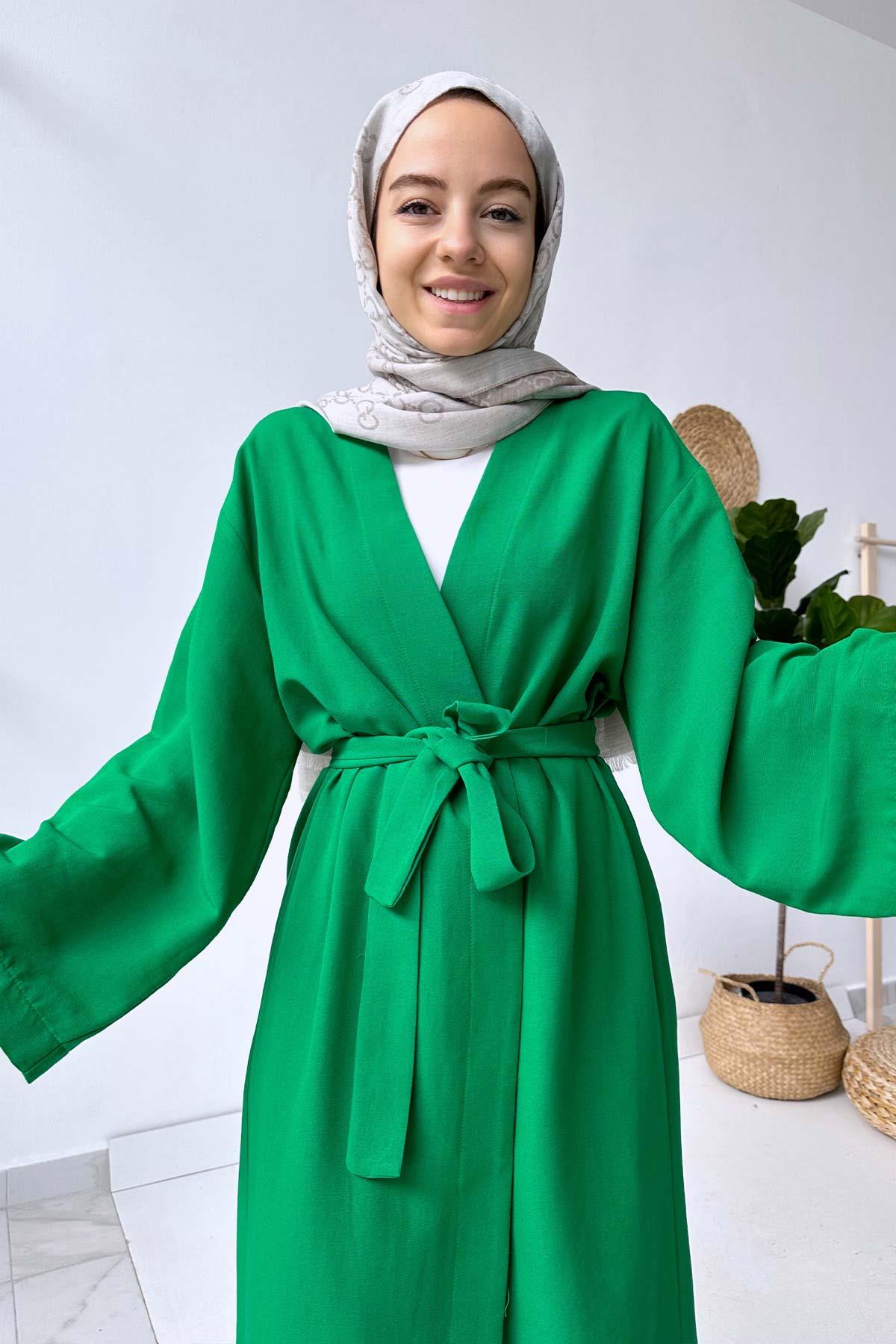 Uzun Kuşaklı Keten Kimono - Yeşil