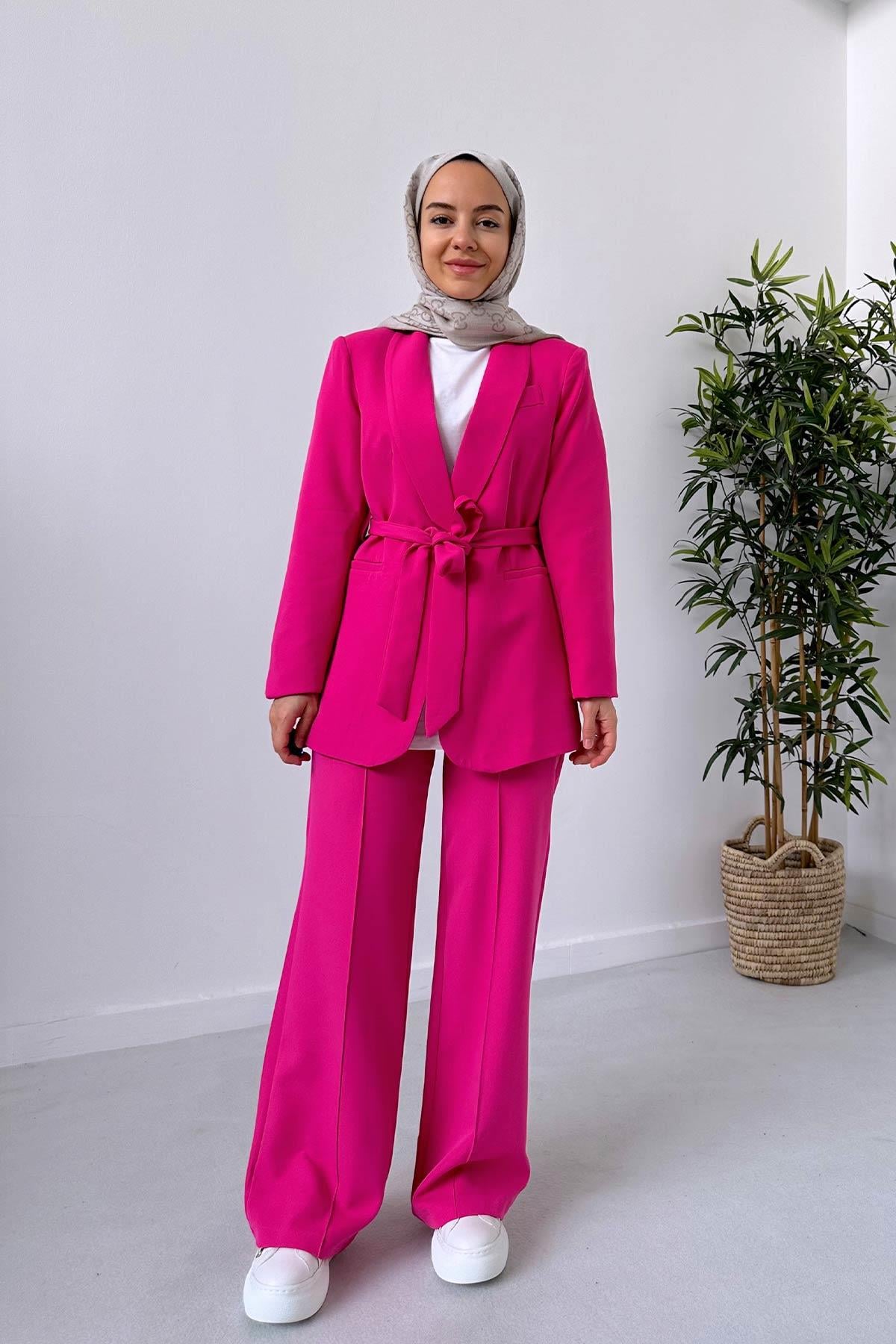 Vatkalı Blazer Ceket Pantolon Takım - Fuşya