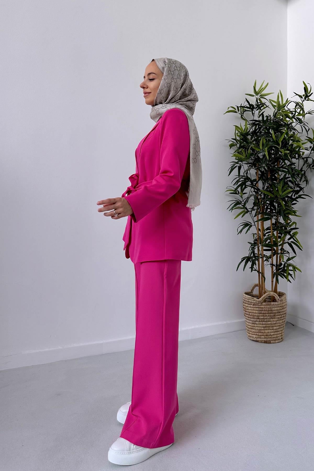 Vatkalı Blazer Ceket Pantolon Takım - Fuşya