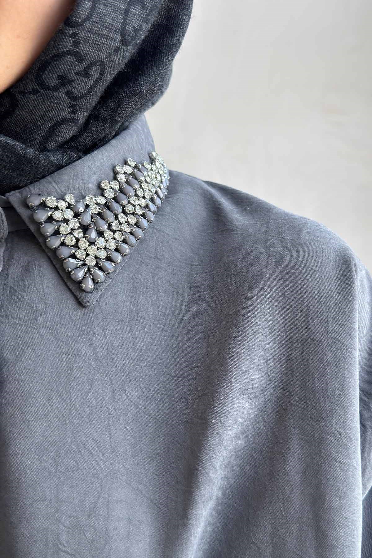 Yaka Taş İşlemeli Oversize Gömlek - Gri